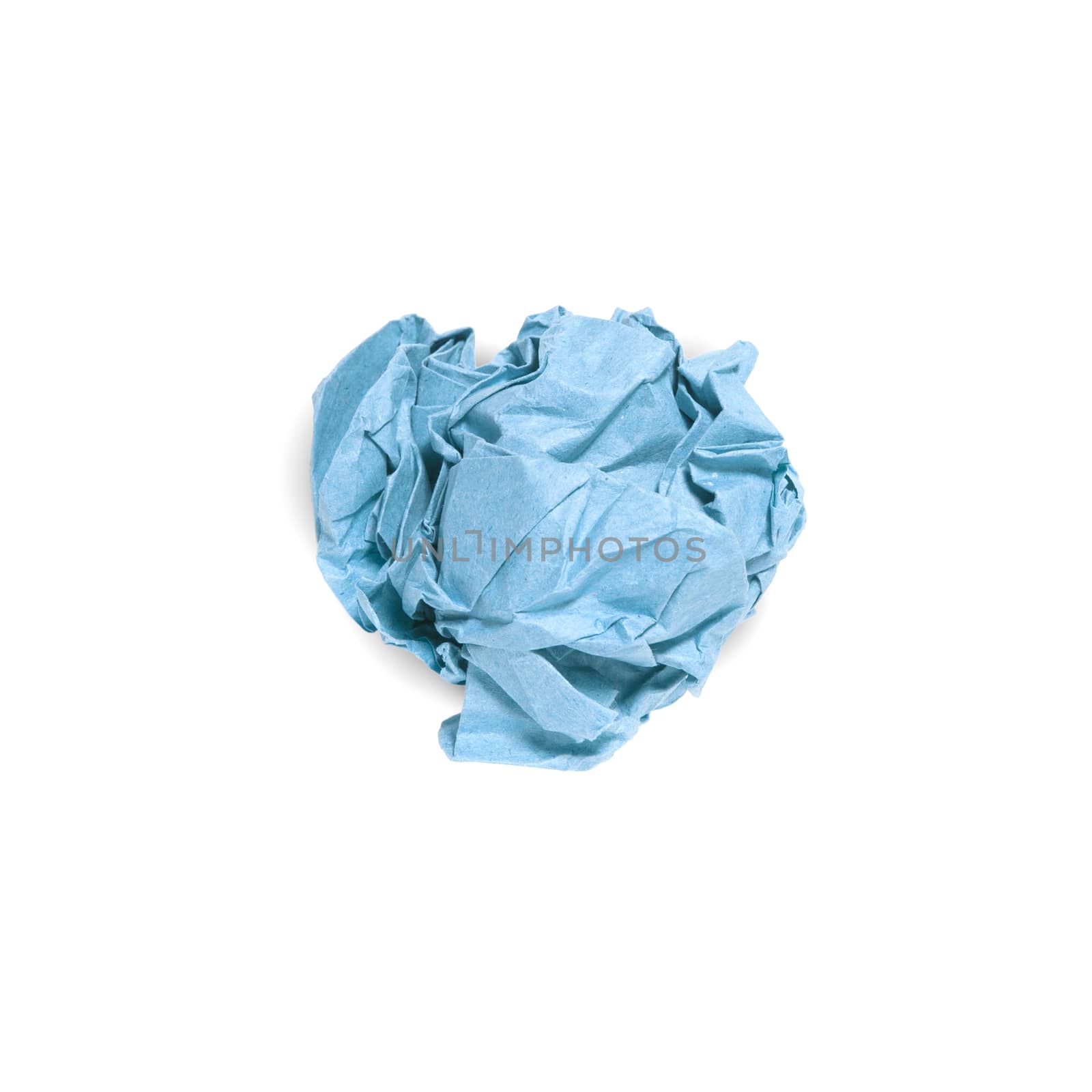 Crumpled blue paper ball isolated over white background. Bluren concept
