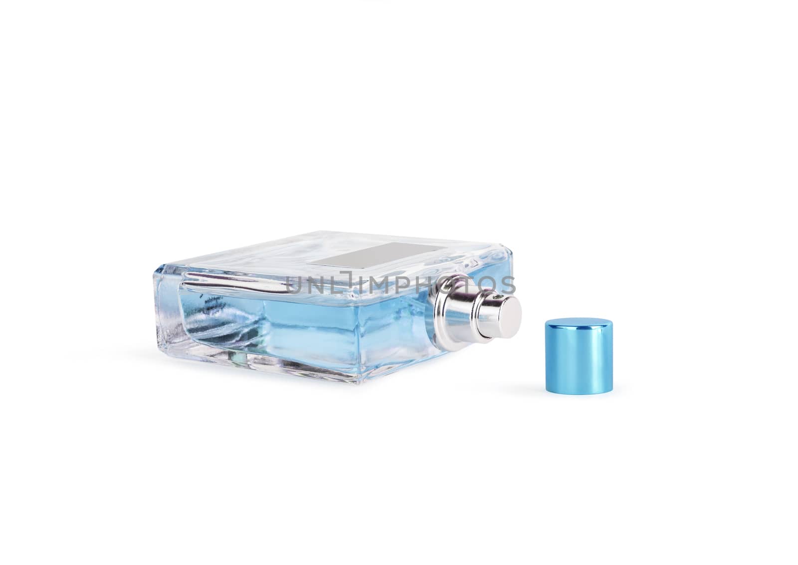 Perfume in beautiful blue color bottle isolated on white background