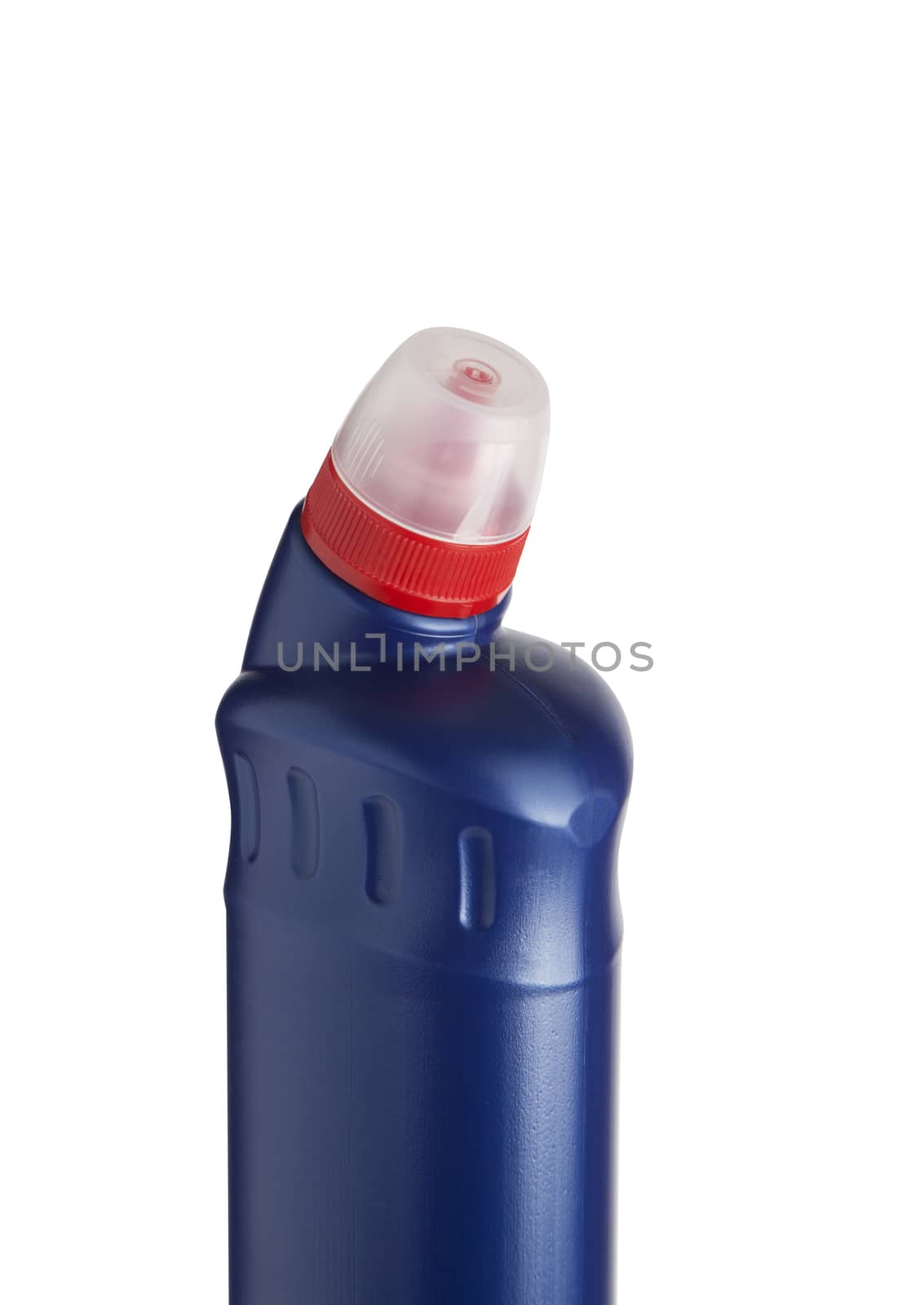 Blue plastic bottle for liquid laundry detergent, cleaning agent, bleach or fabric softener. With clipping path