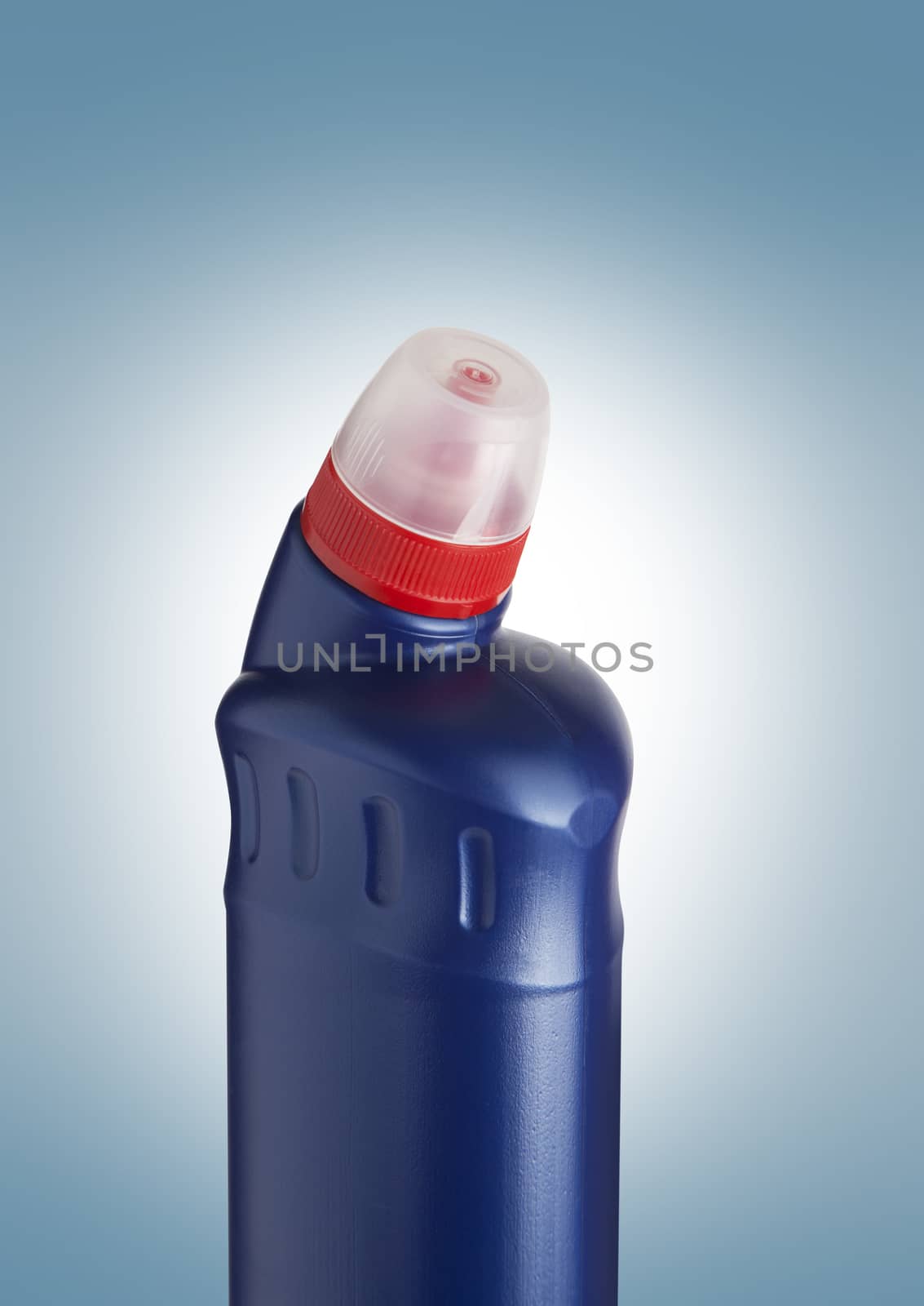 Blue plastic bottle for liquid laundry detergent, cleaning agent, bleach or fabric softener. With clipping path