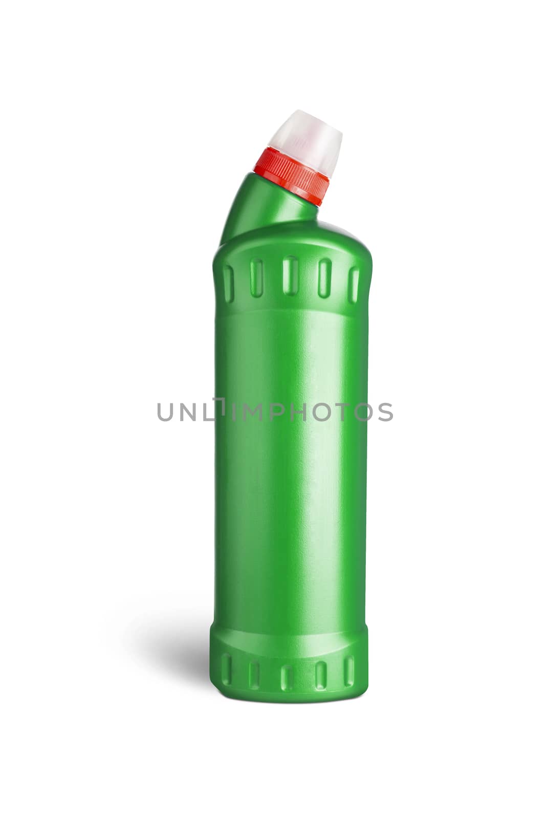 Green plastic bottle for liquid laundry detergent, cleaning agent, bleach or fabric softener. With clipping path