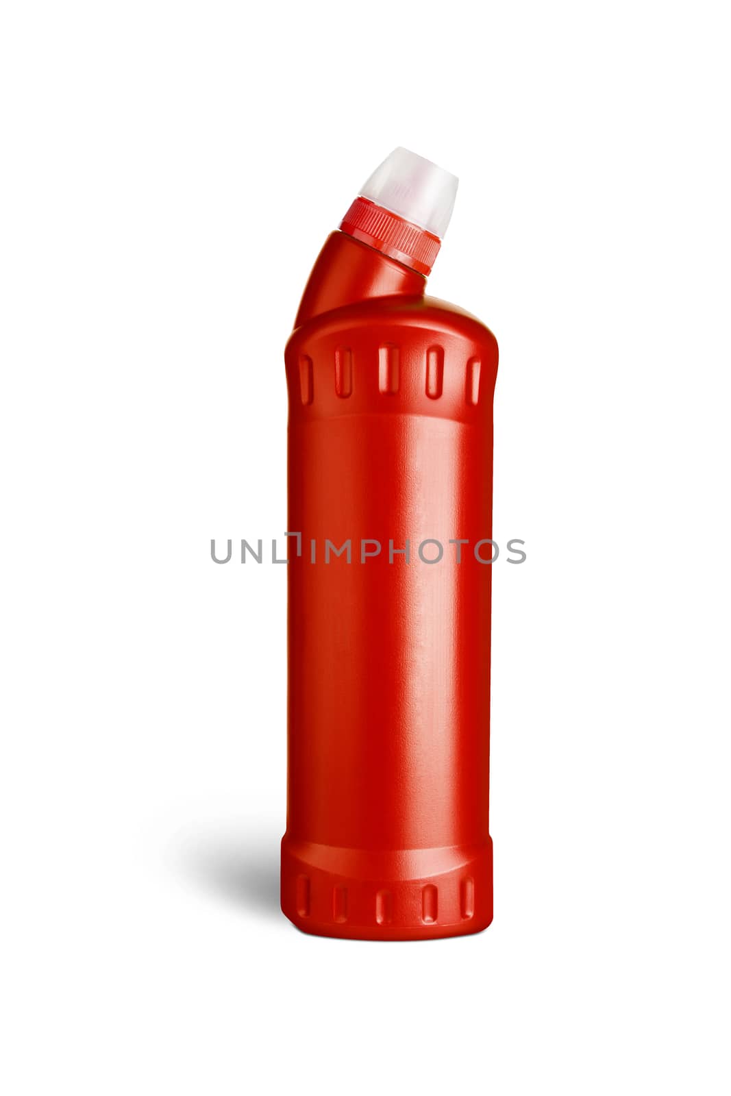 Red plastic bottle for liquid laundry detergent, cleaning agent, bleach or fabric softener. With clipping path