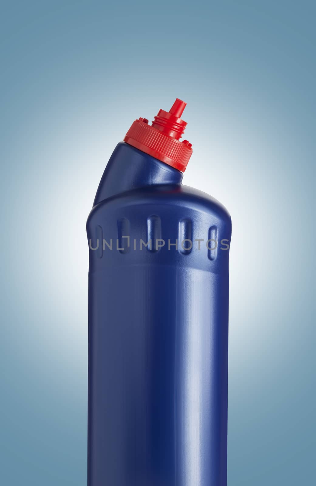 Blue plastic bottle for liquid laundry detergent, cleaning agent, bleach or fabric softener. With clipping path