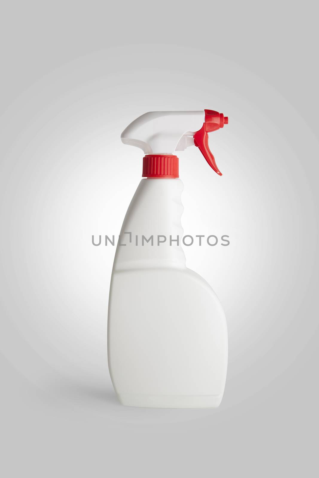 Plastic bottle with sprayer for liquids isolated on white background. With clipping path