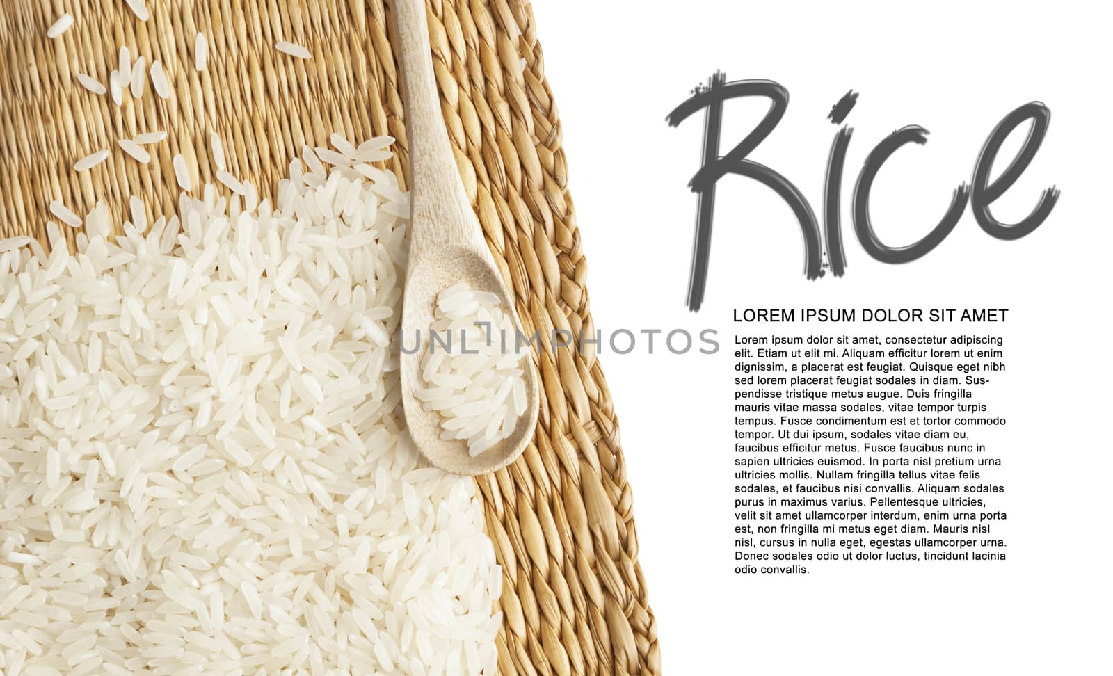Asian uncooked white rice in a wooden spoon on a background of straw.
