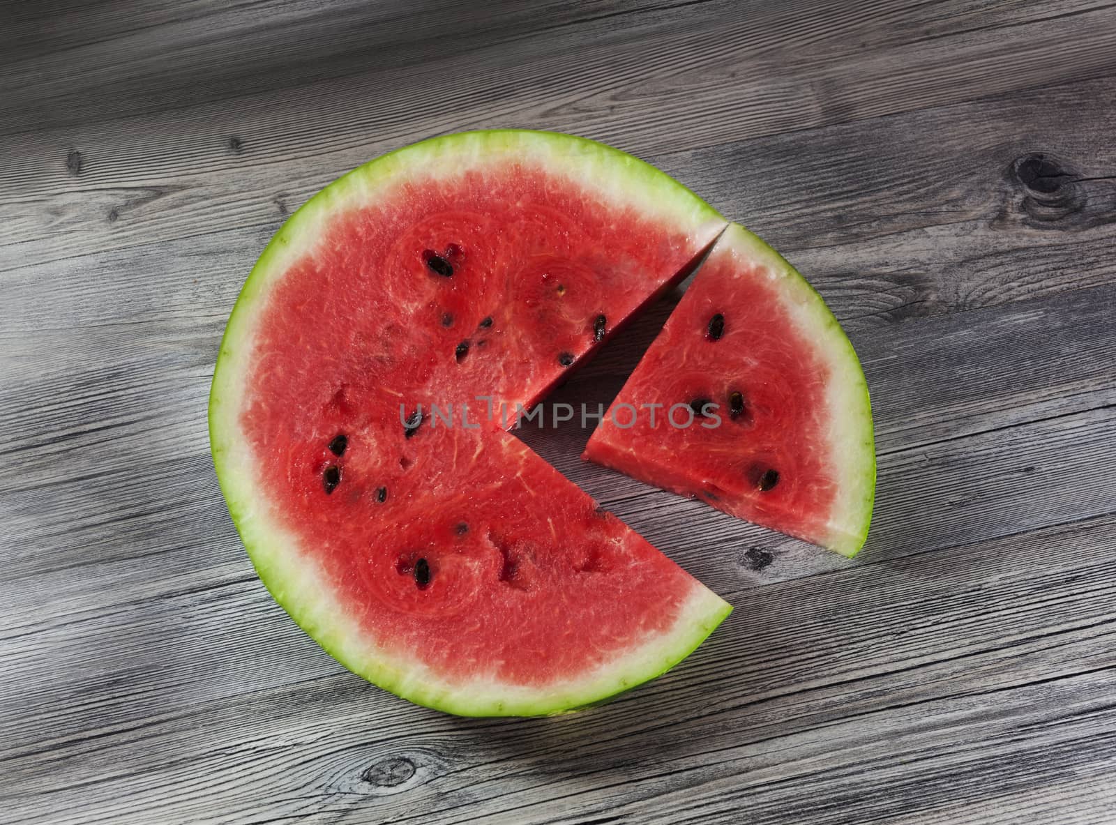 Watermelon slices on the isolated wooden table