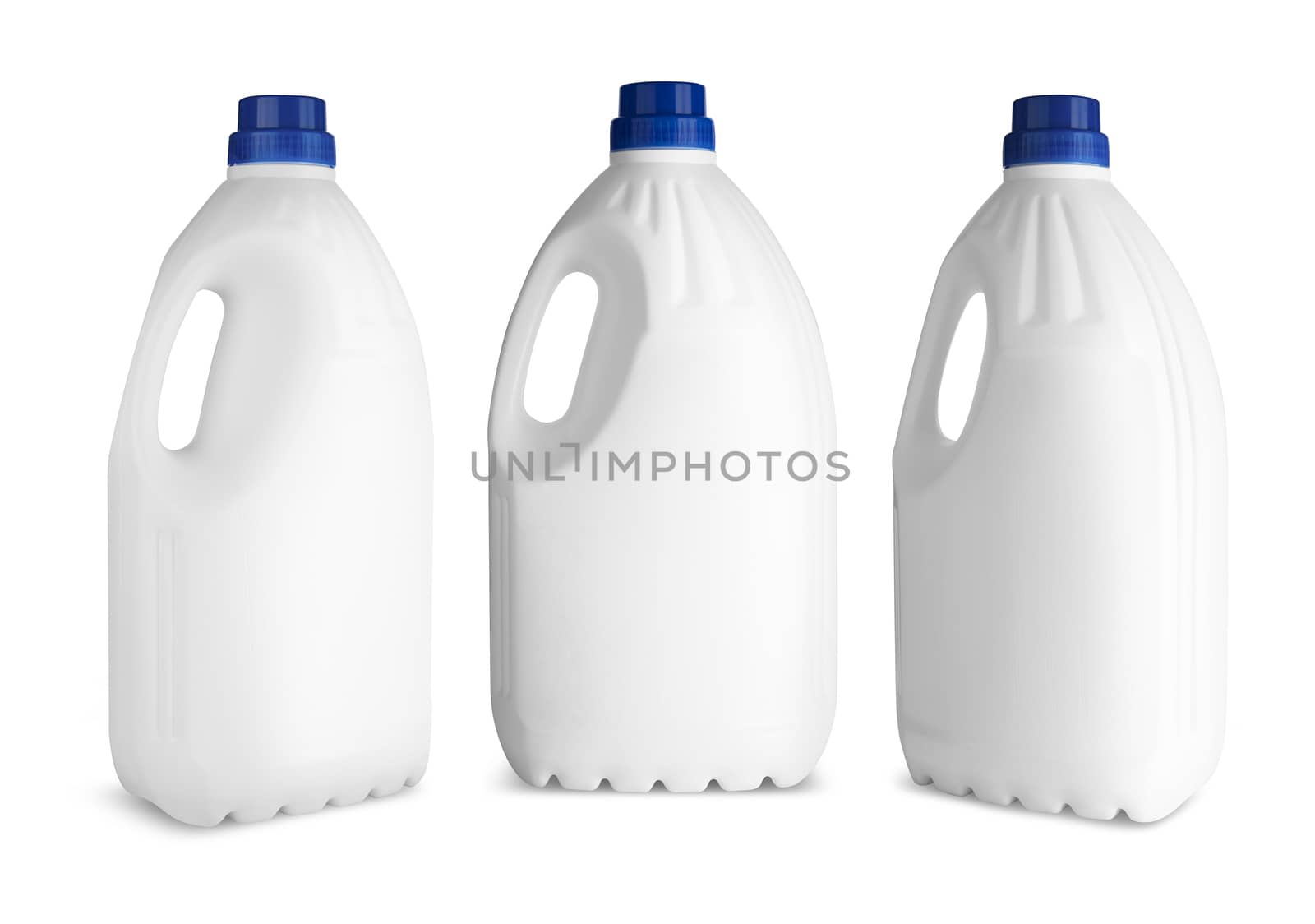 Set White plastic bottle for liquid laundry detergent or cleaning agent or bleach or fabric softener.