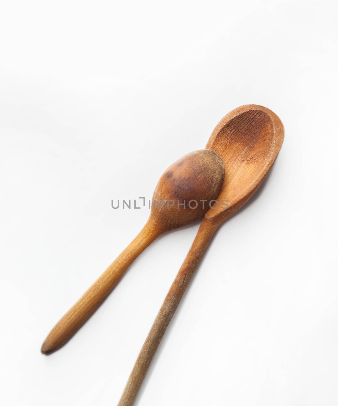 Two old wooden spoons isolated on white background