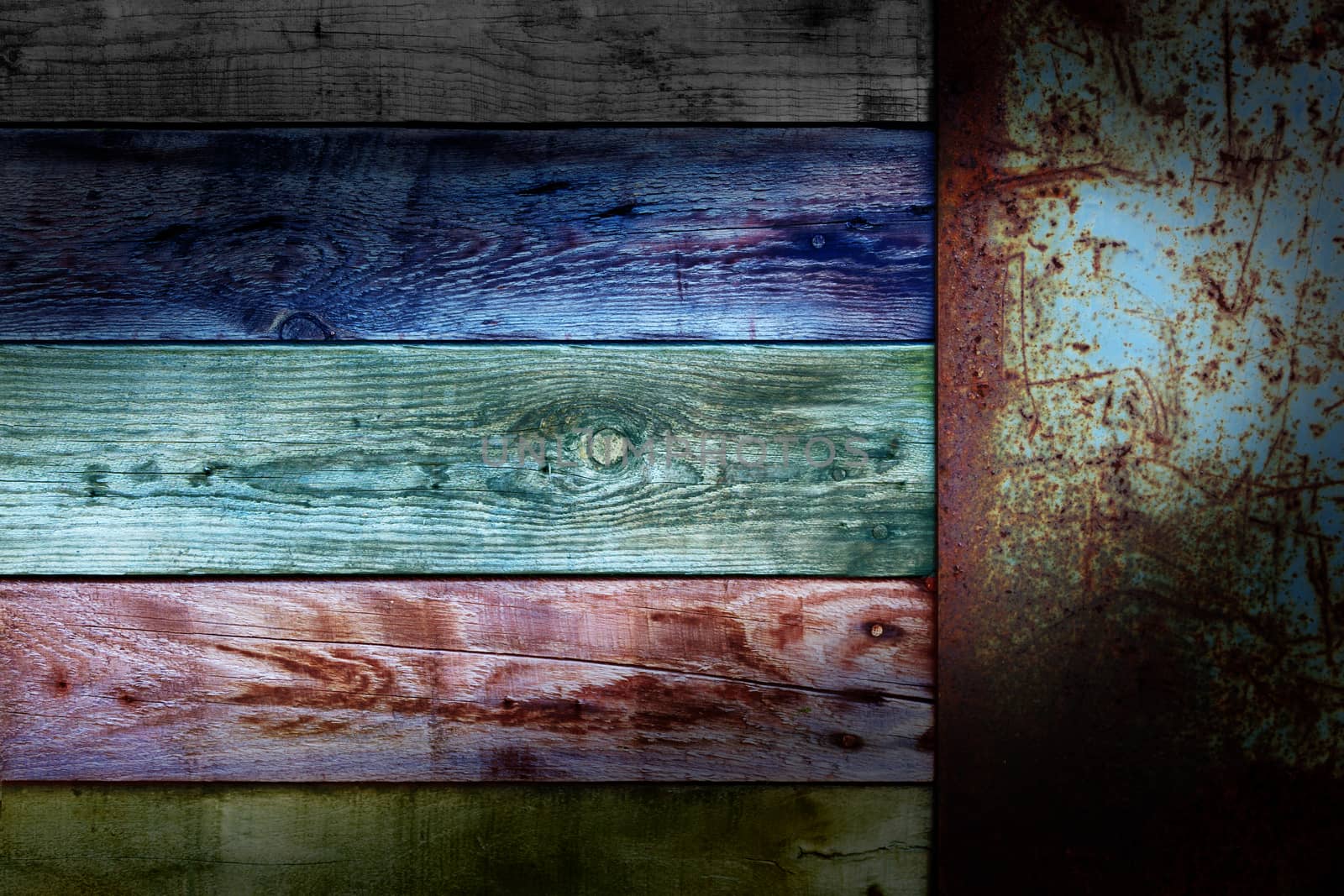 Wooden colors board with end old metal rusty placard