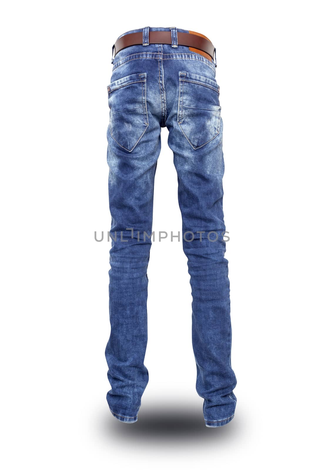 Blue jeans rear view with the belt, the teenager. Isolated. With clipping path