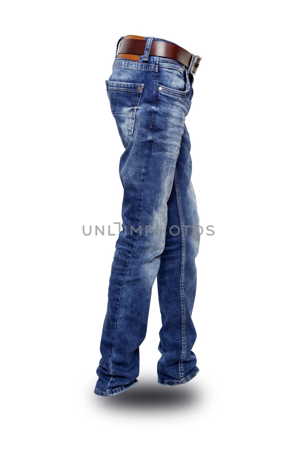 Blue jeans side view with belt, teenager. Isolated. With clipping path