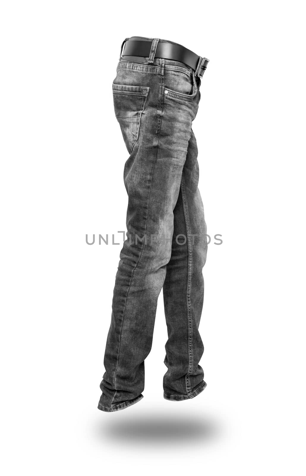 black jeans side view with belt, teenager. Isolated. With clipping path