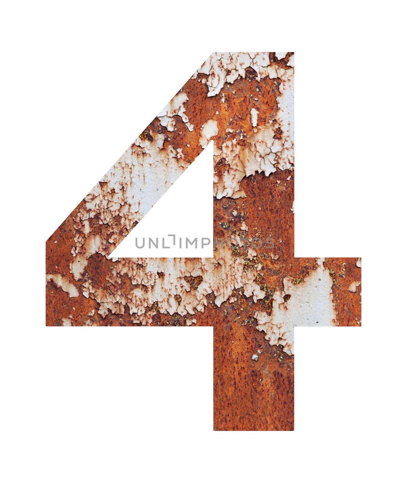 Old rusty metal alphabet, text 4, isolated over the white background. With clipping path