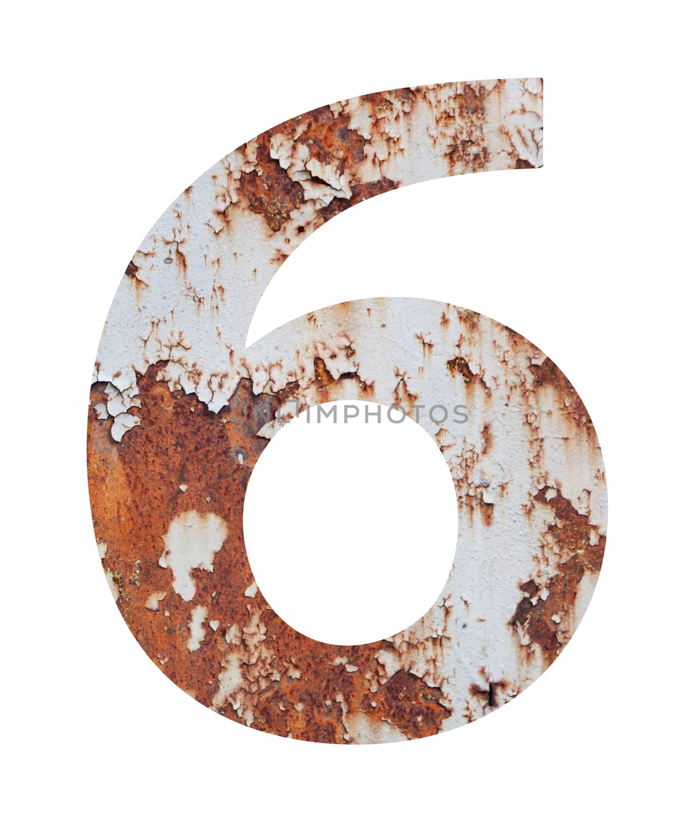 Old rusty metal alphabet, text 6, isolated over the white background. With clipping path