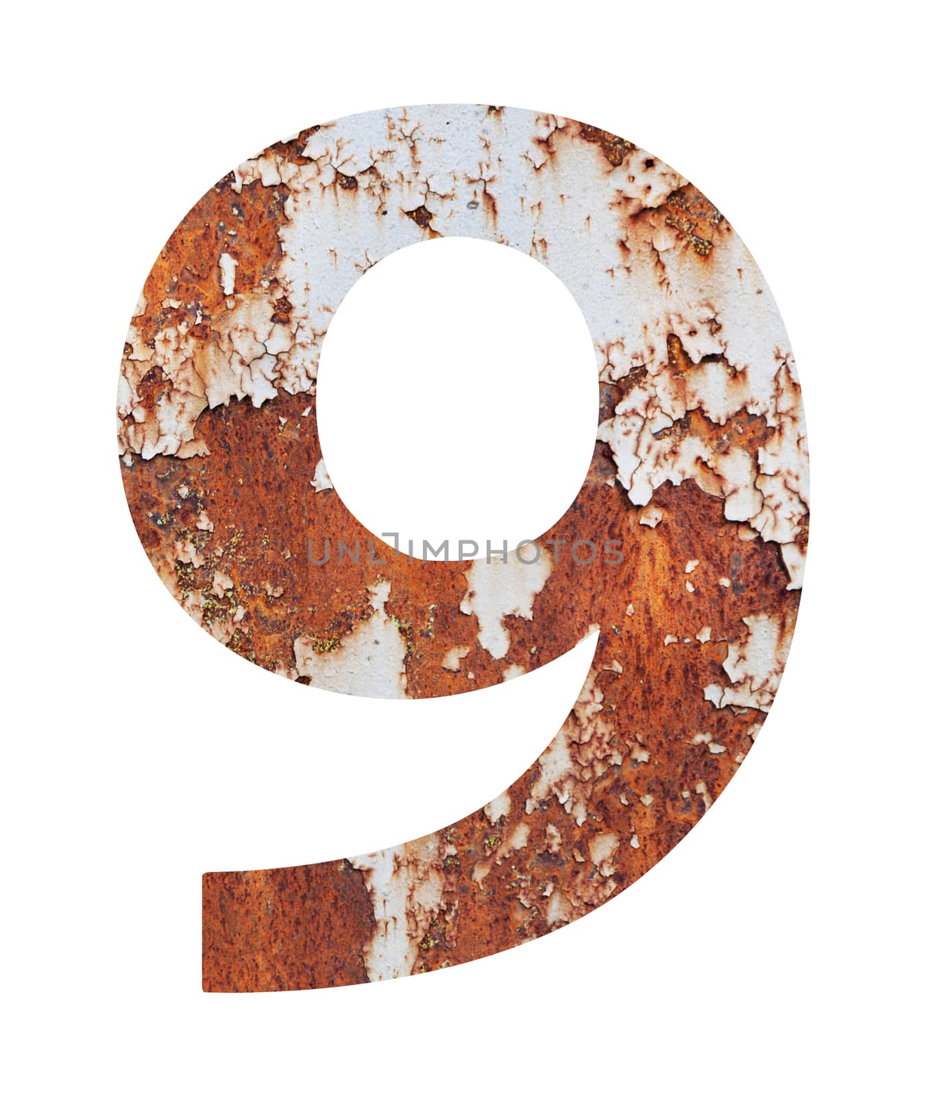 Old rusty metal alphabet, text 9, isolated over the white background. With clipping path