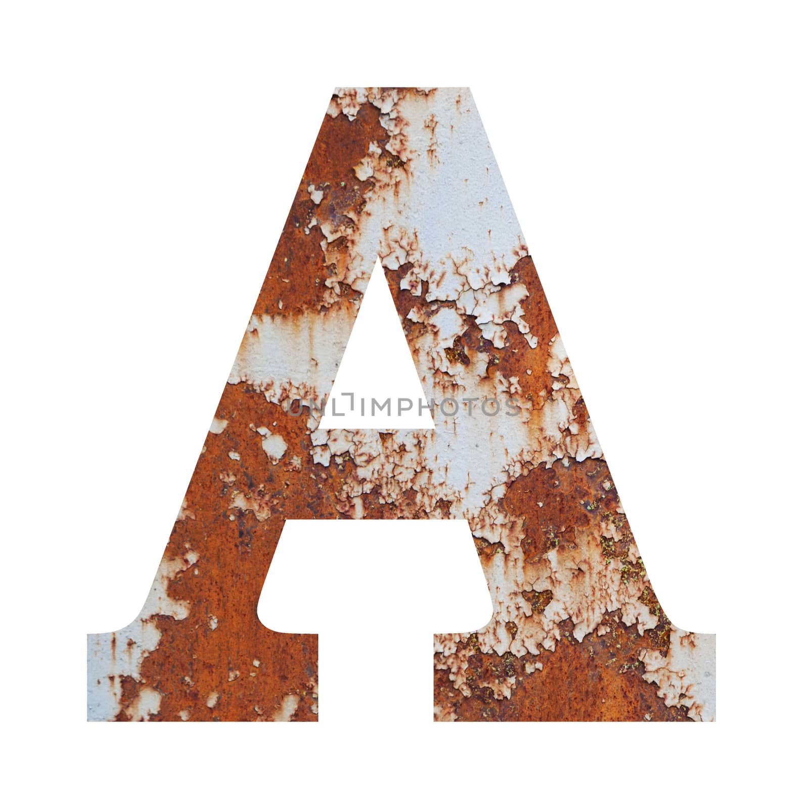 Old rusty metal alphabet, text A, isolated over the white background