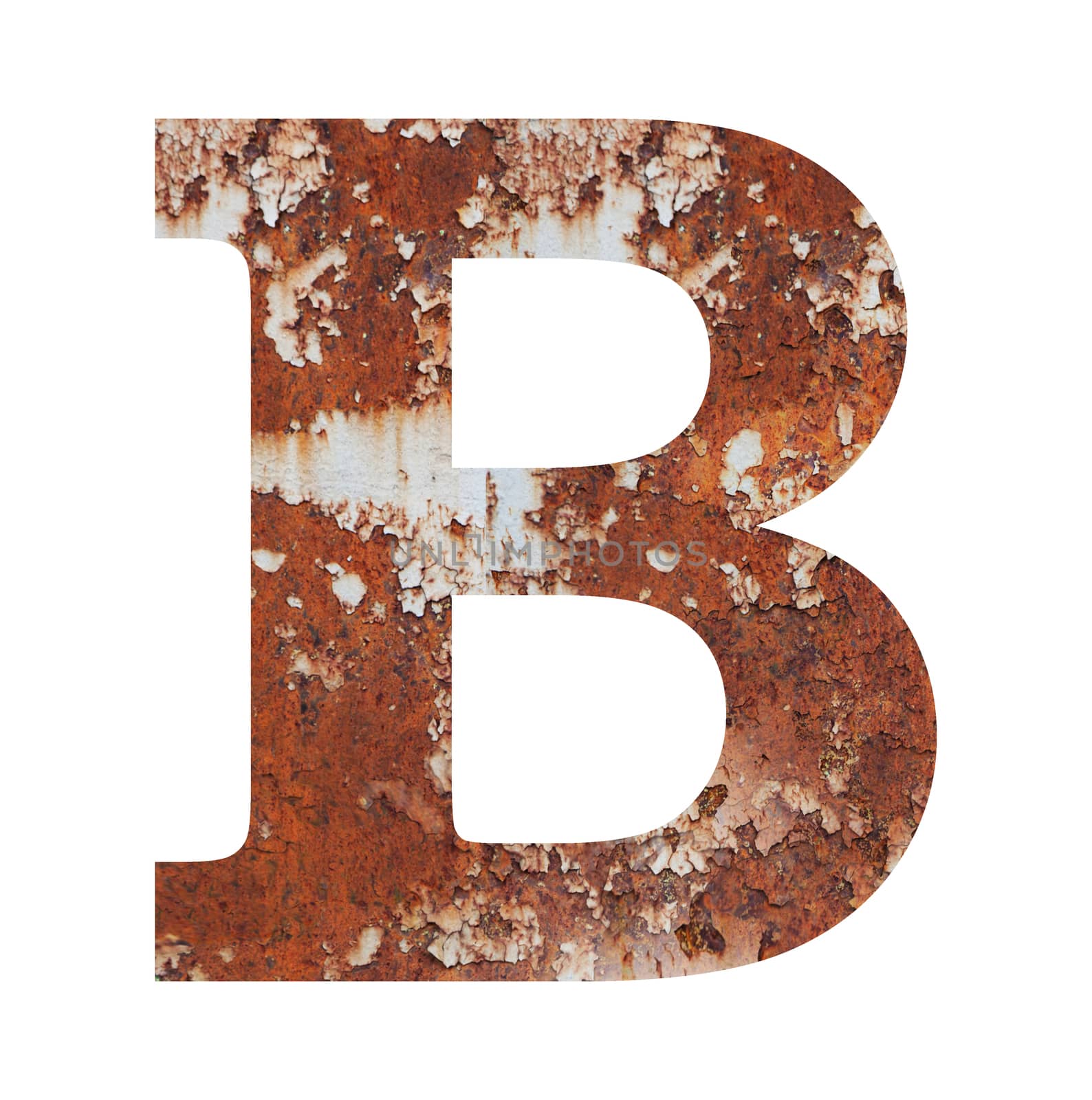 Old rusty metal alphabet, text C. Isolated over the white background