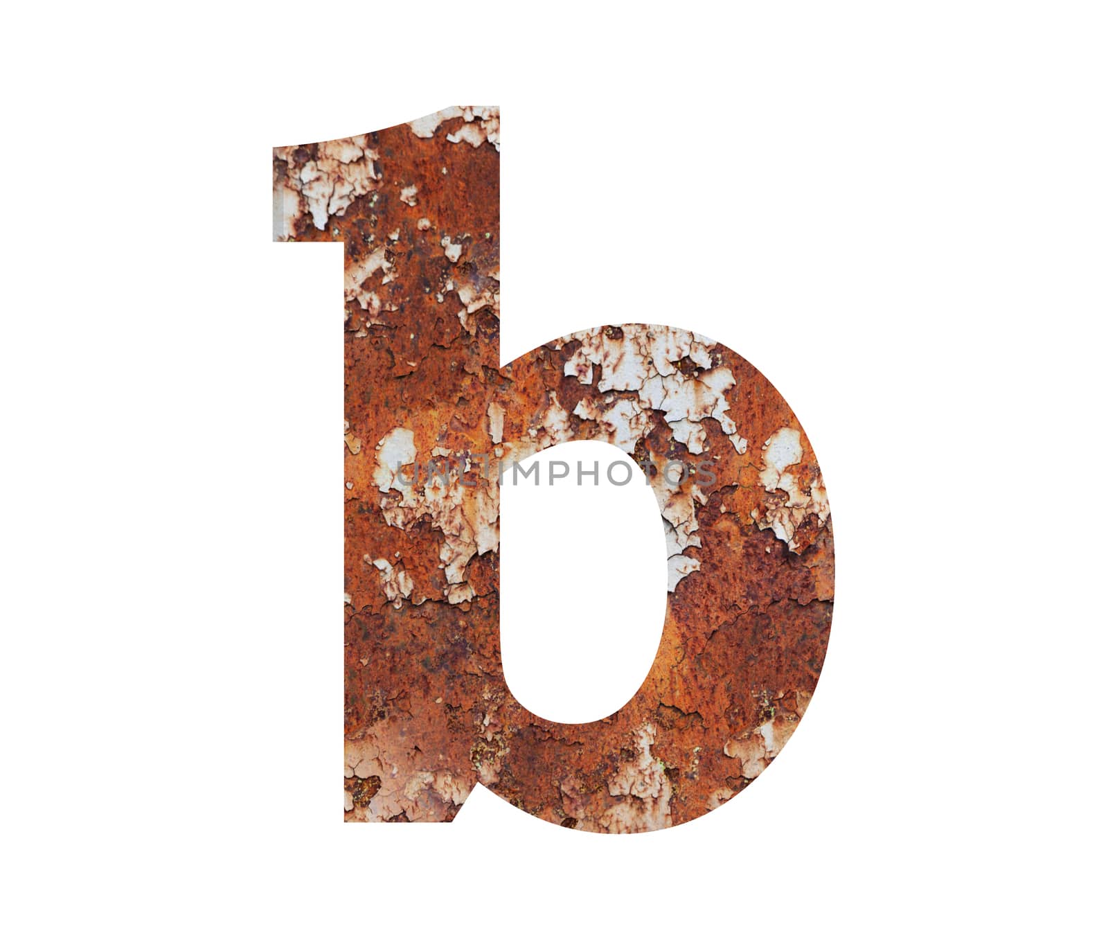 Old rusty metal alphabet, text b, isolated over the white background