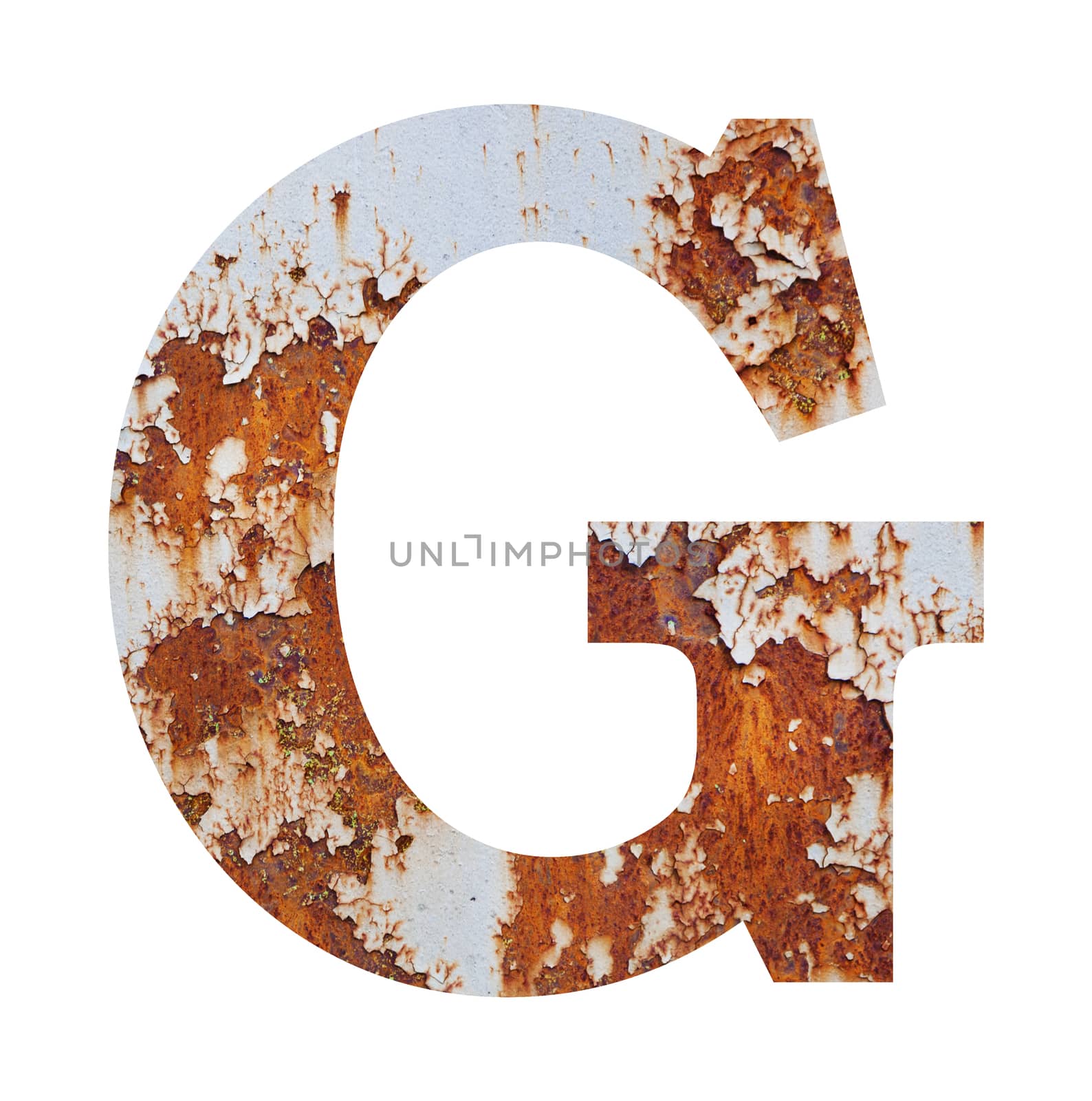 Old rusty metal alphabet, text G. Isolated over the white background