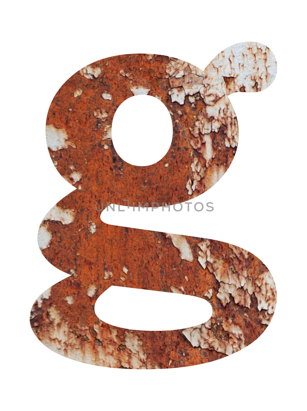 Old rusty metal alphabet, text g, isolated over the white background