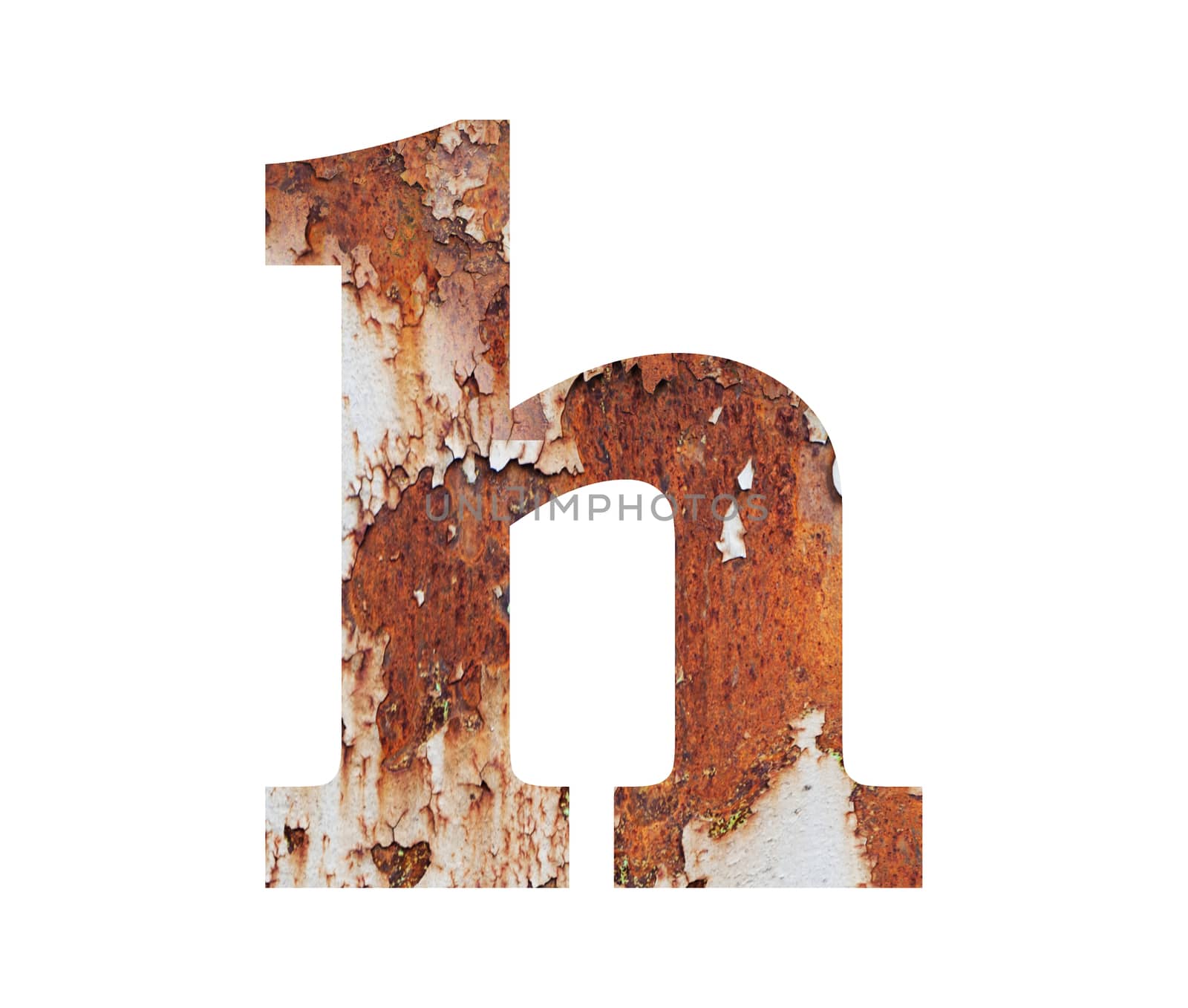 Old rusty metal alphabet, text h, isolated over the white background