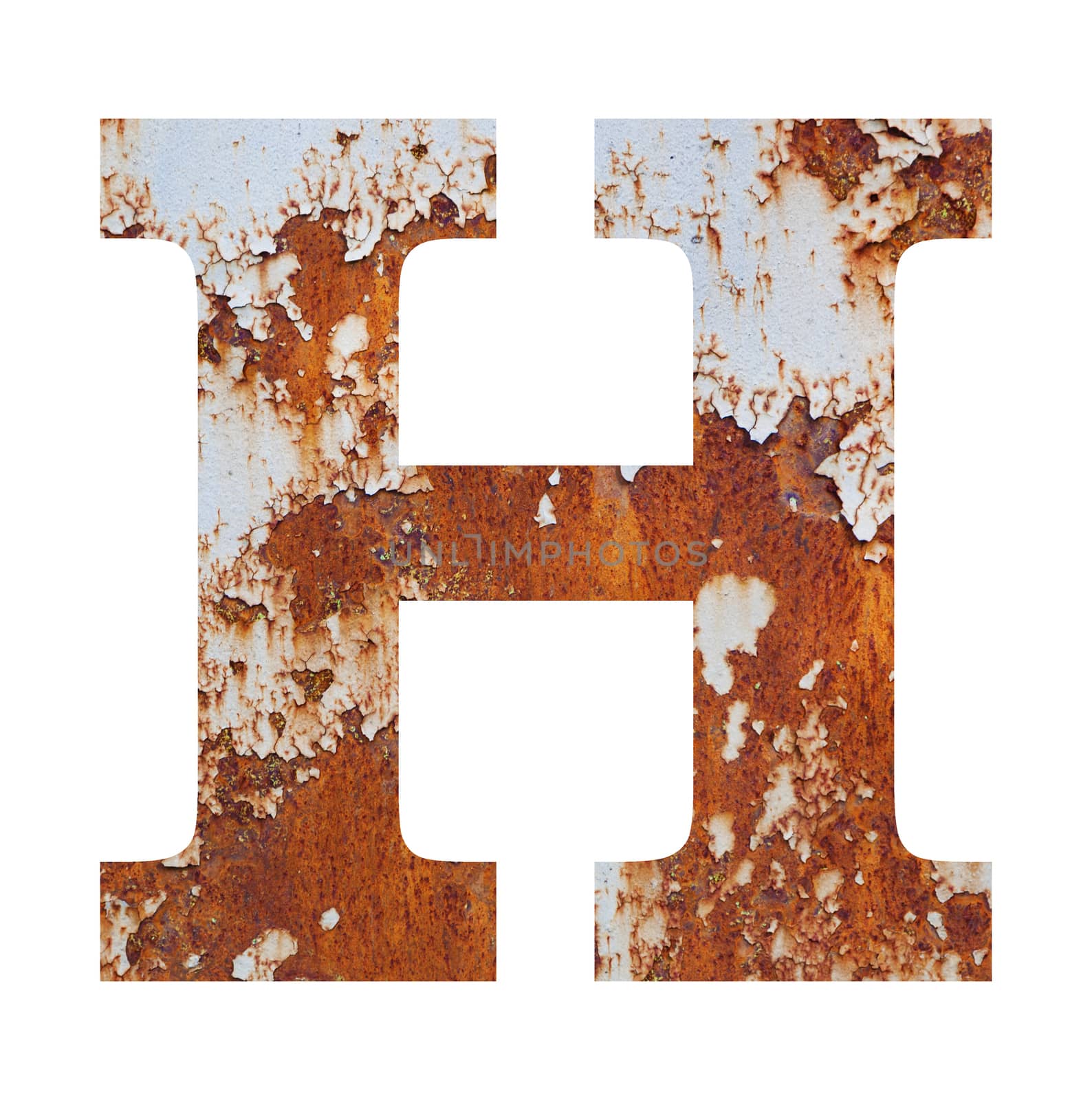 Old rusty metal alphabet, text H. Isolated over the white background