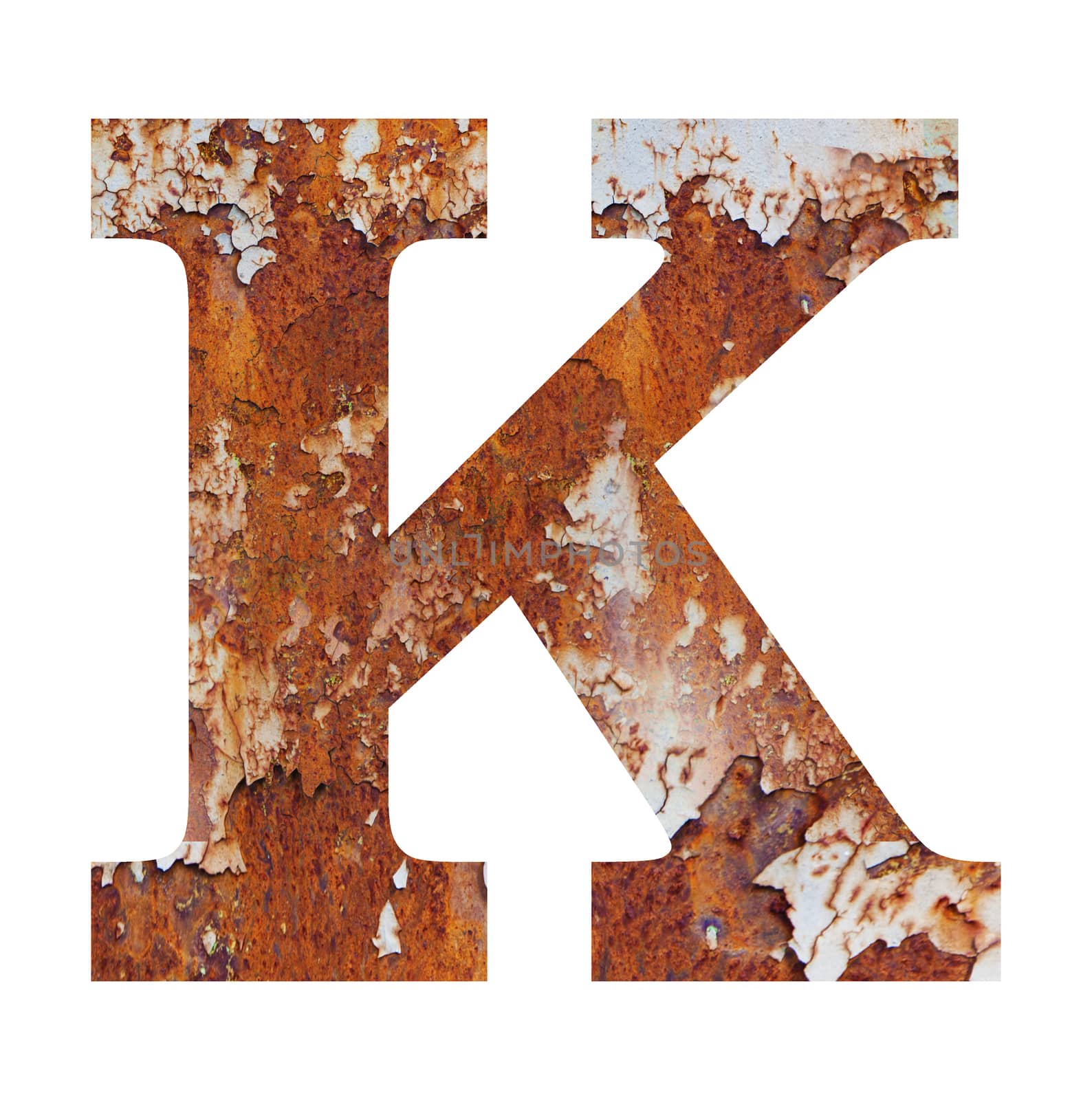 Old rusty metal alphabet, text K. Isolated over the white background