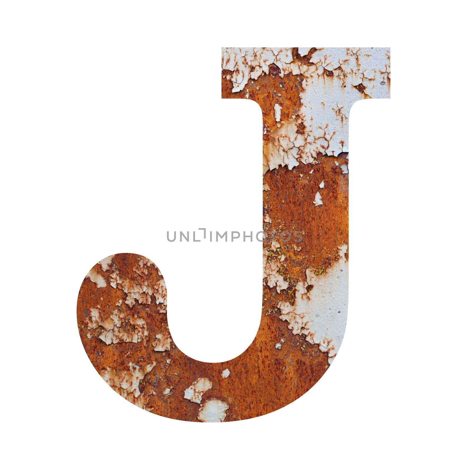 Old rusty metal alphabet, text J. Isolated over the white background