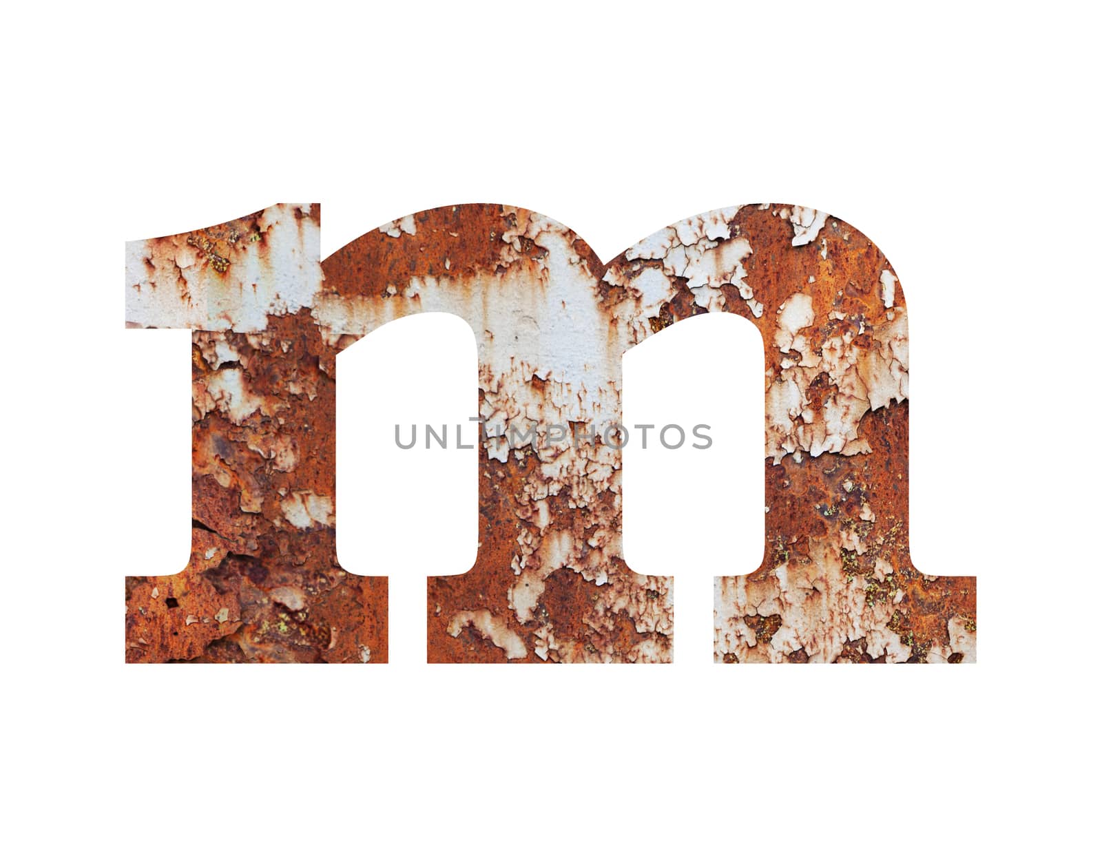 Old rusty metal alphabet, text m, isolated over the white background