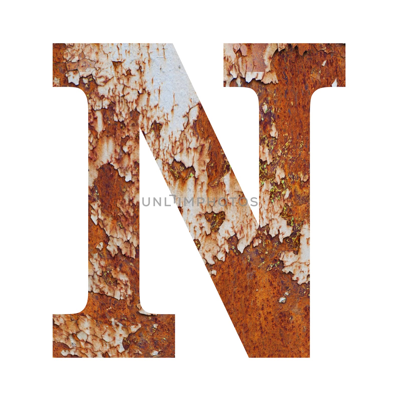 Old rusty metal alphabet, text N. Isolated over the white background