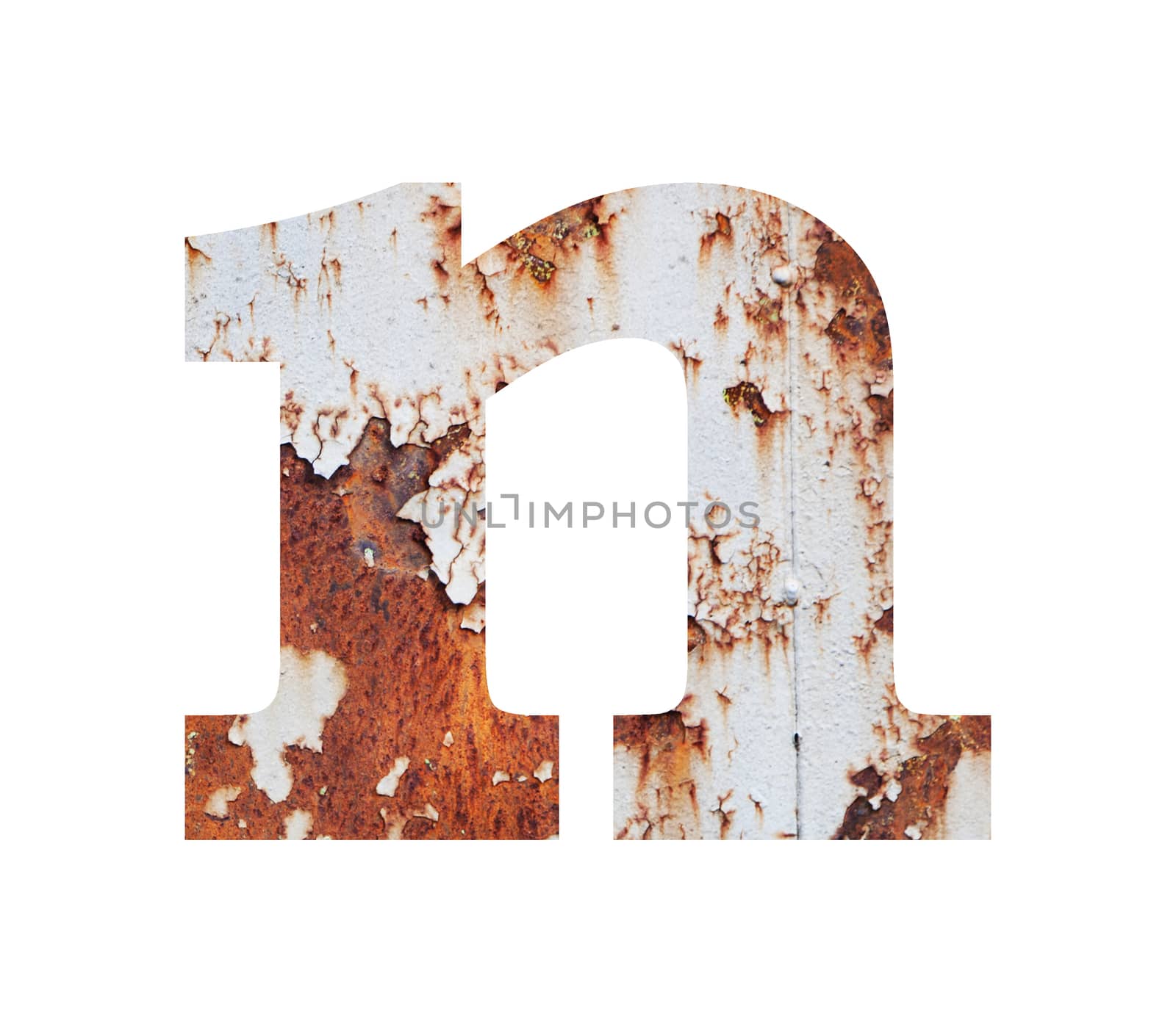 Old rusty metal alphabet, text n, isolated over the white background
