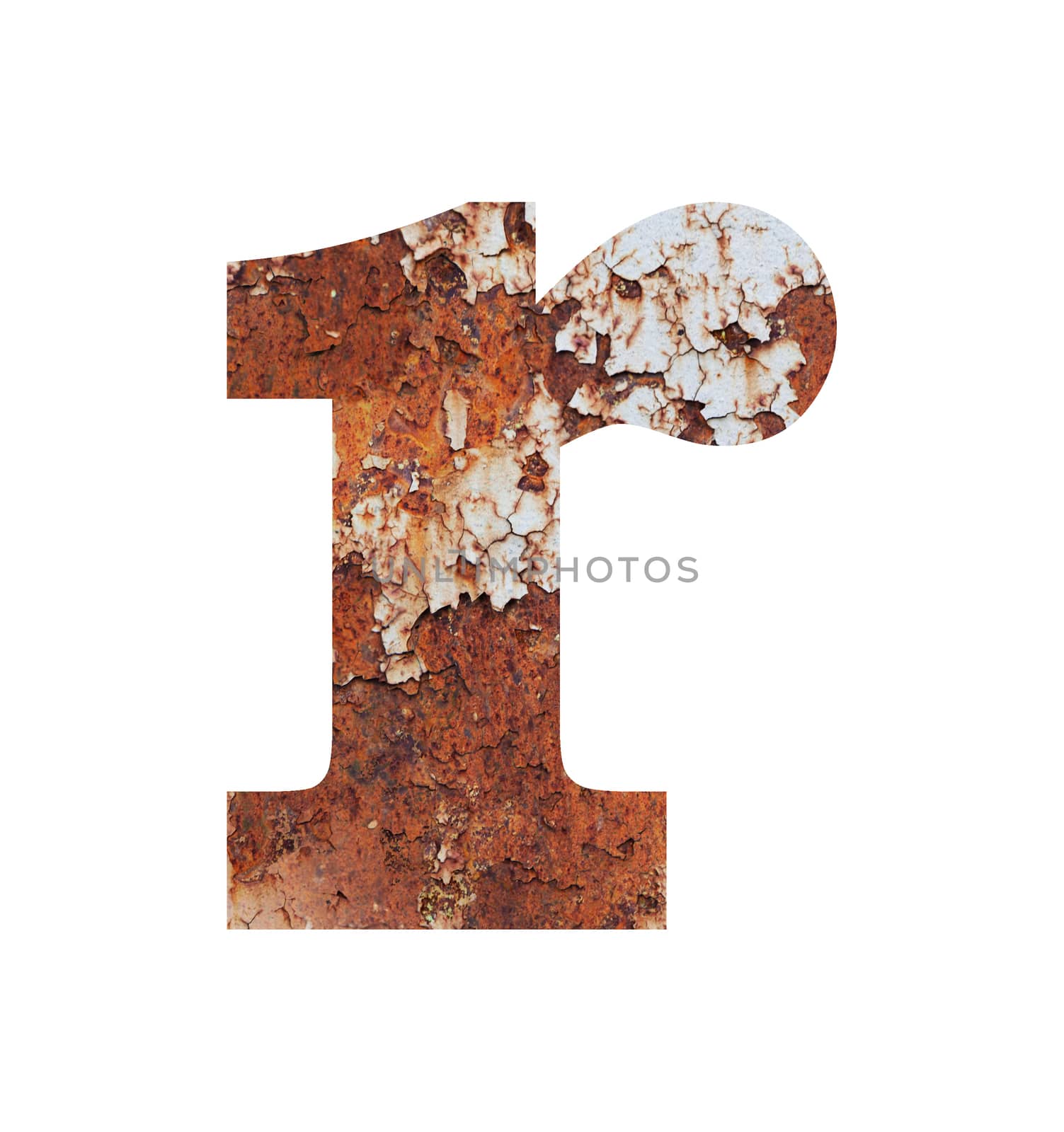 Old rusty metal alphabet, text r, isolated over the white background