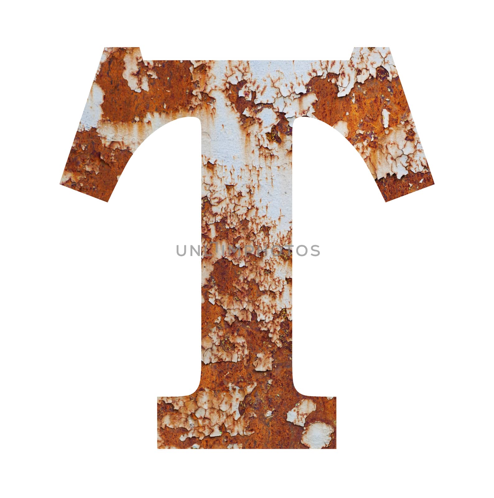 Old rusty metal alphabet, text T. Isolated over the white background
