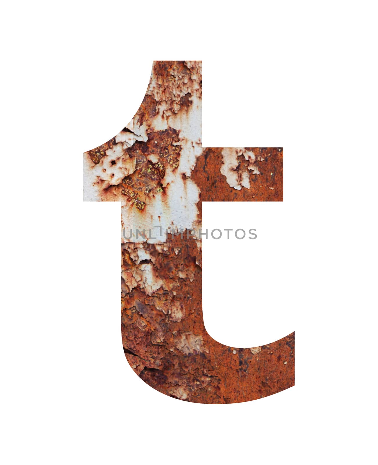 Old rusty metal alphabet, text t, isolated over the white background