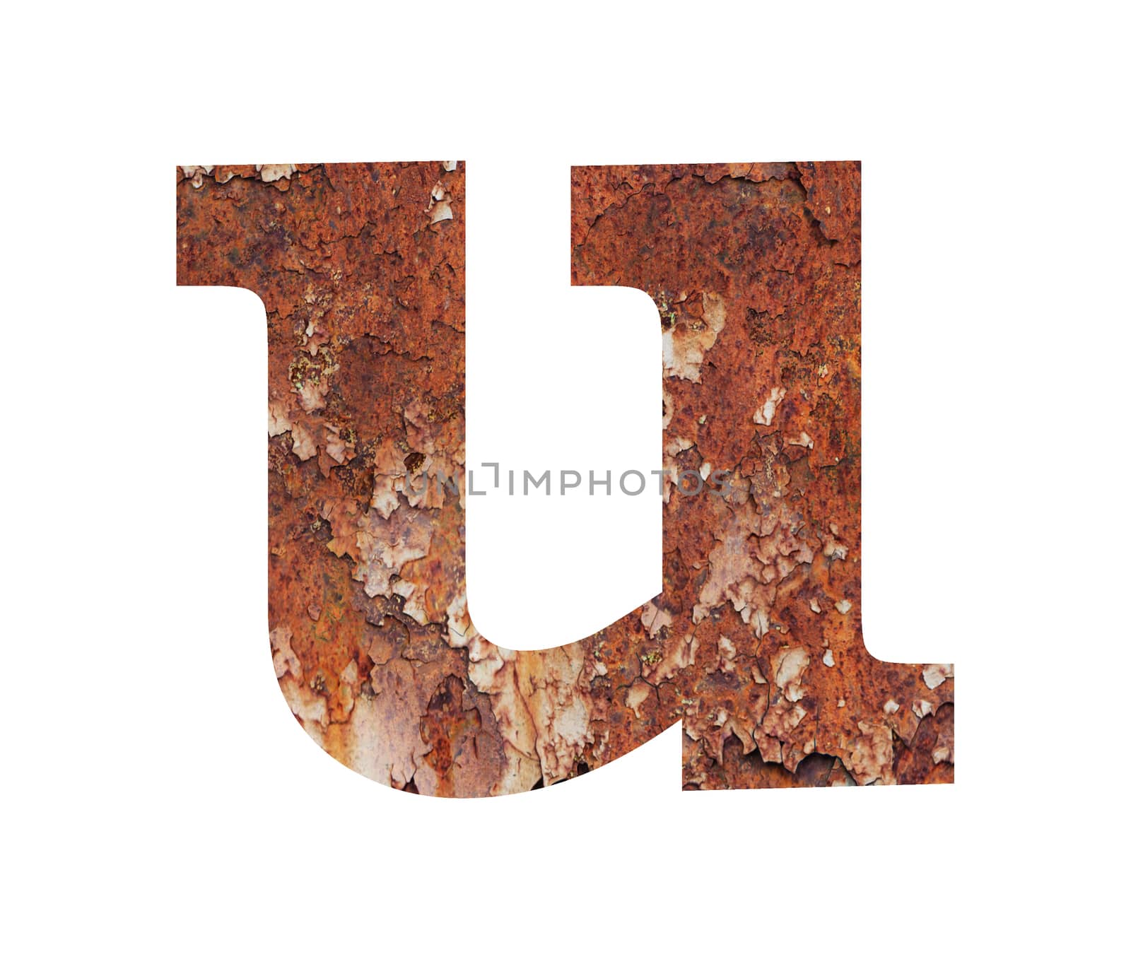 Old rusty metal alphabet, text u, isolated over the white background