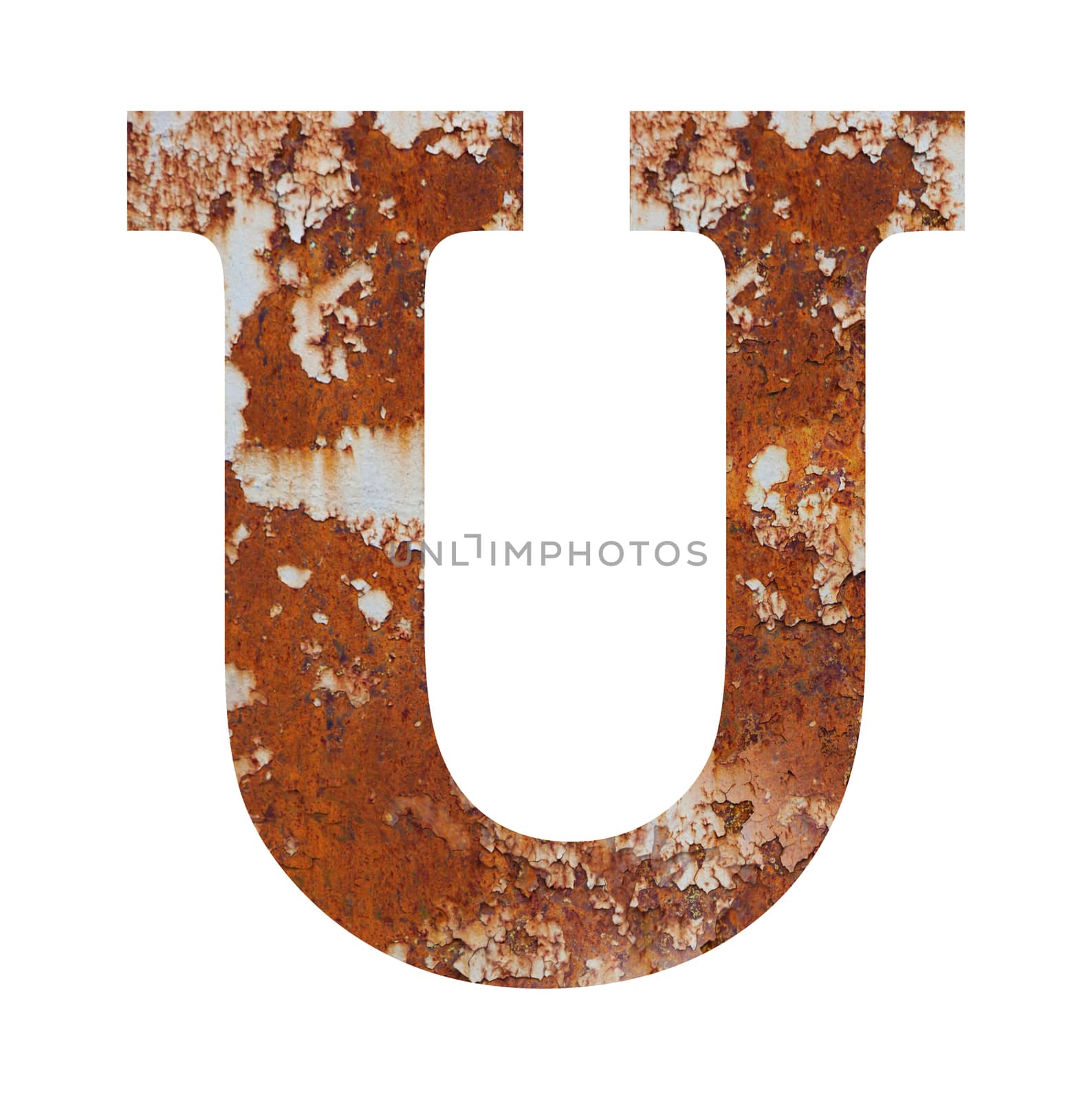 Old rusty metal alphabet, text U. Isolated over the white background