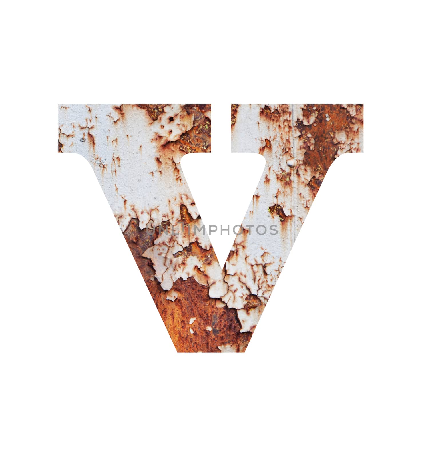 Old rusty metal alphabet, text v, isolated over the white background