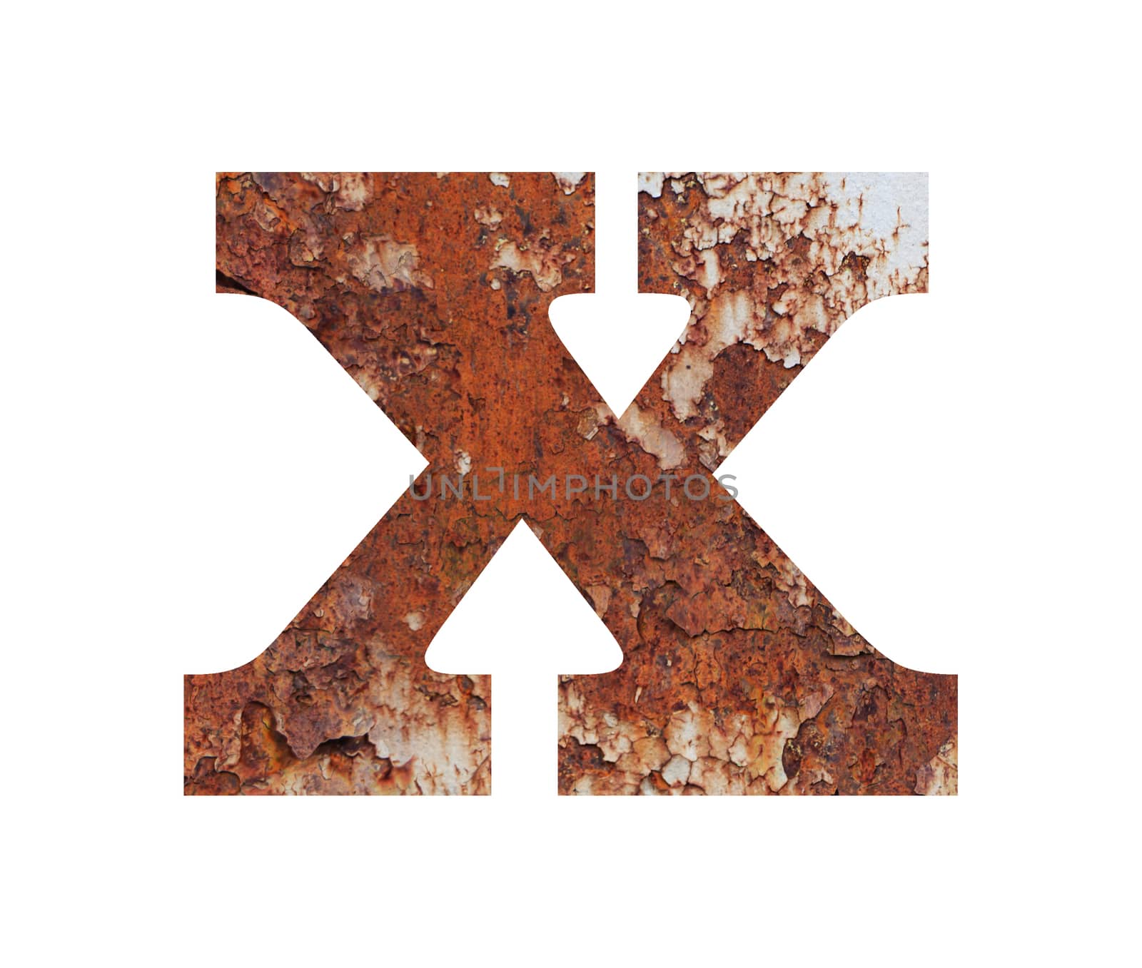 Old rusty metal alphabet, text x, isolated over the white background