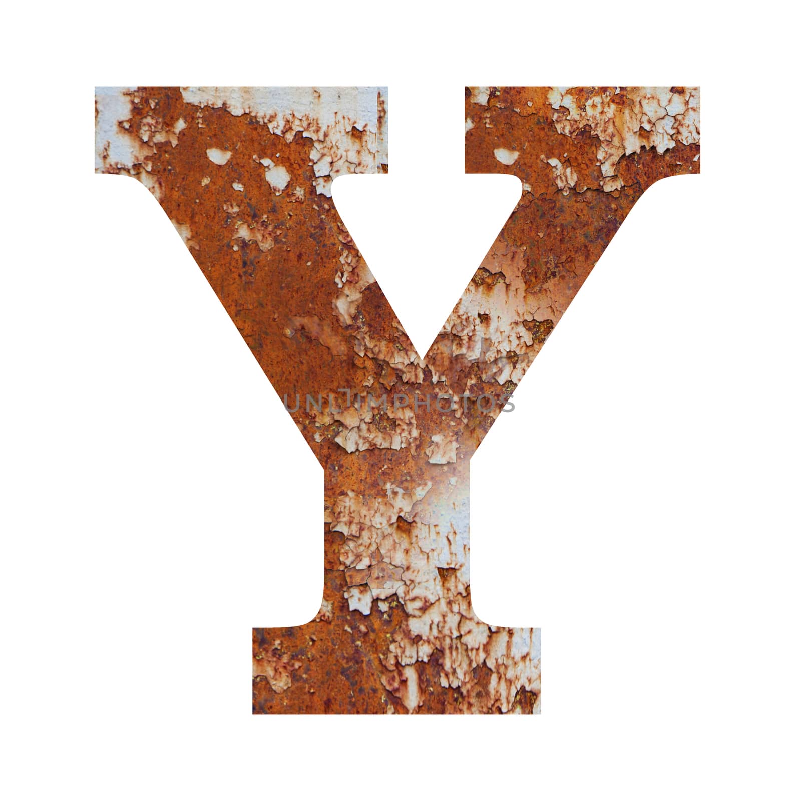 Old rusty metal alphabet, text Y. Isolated over the white background
