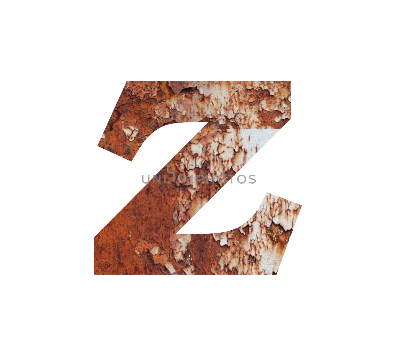 Old rusty metal alphabet, text z, isolated over the white background