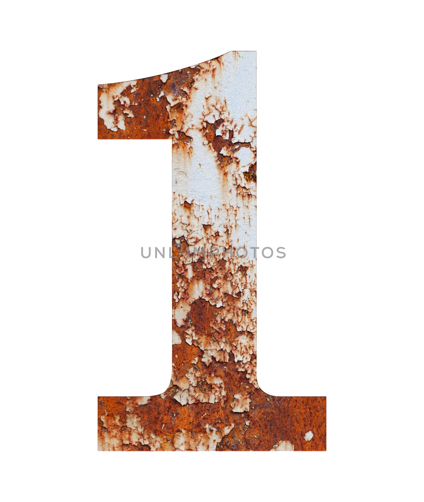 Old rusty metal alphabet, text 1, isolated over the white background. With clipping path