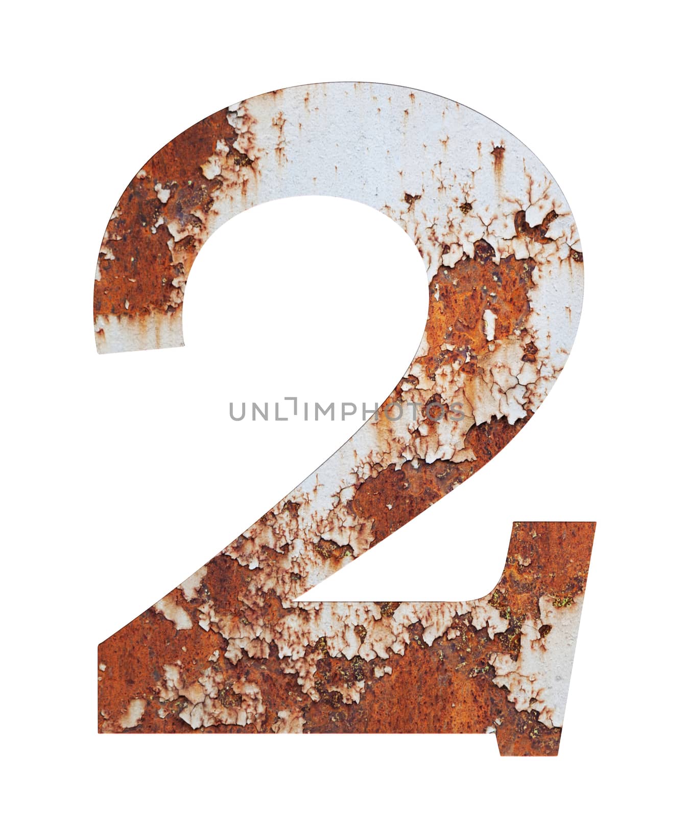 Old rusty metal alphabet, text 2, isolated over the white background. With clipping path