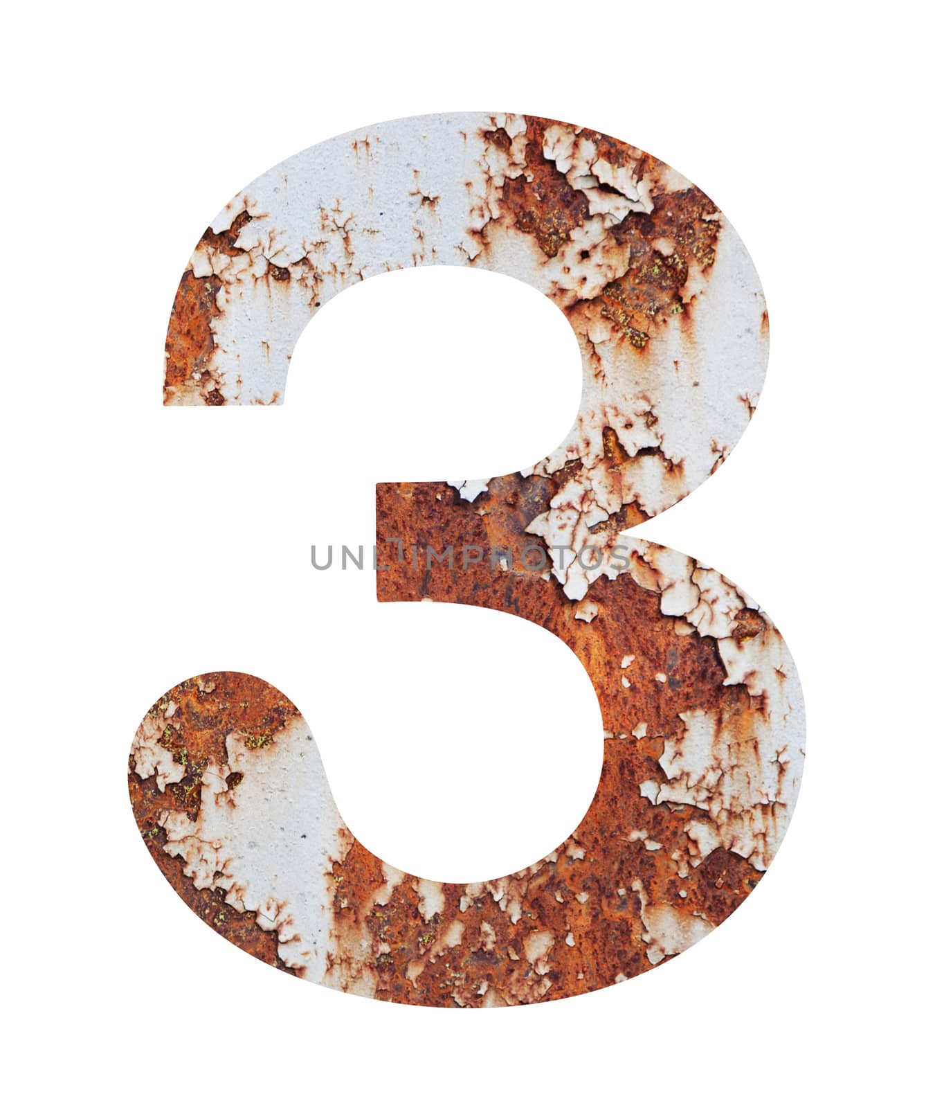 Old rusty metal alphabet, text 3, isolated over the white background. With clipping path
