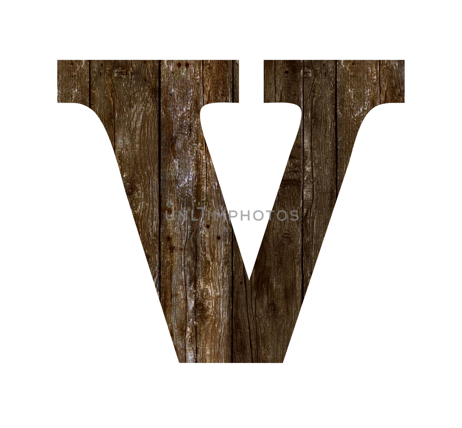 Old wooden planks alphabet, text V. Isolated on white background. With clipping path