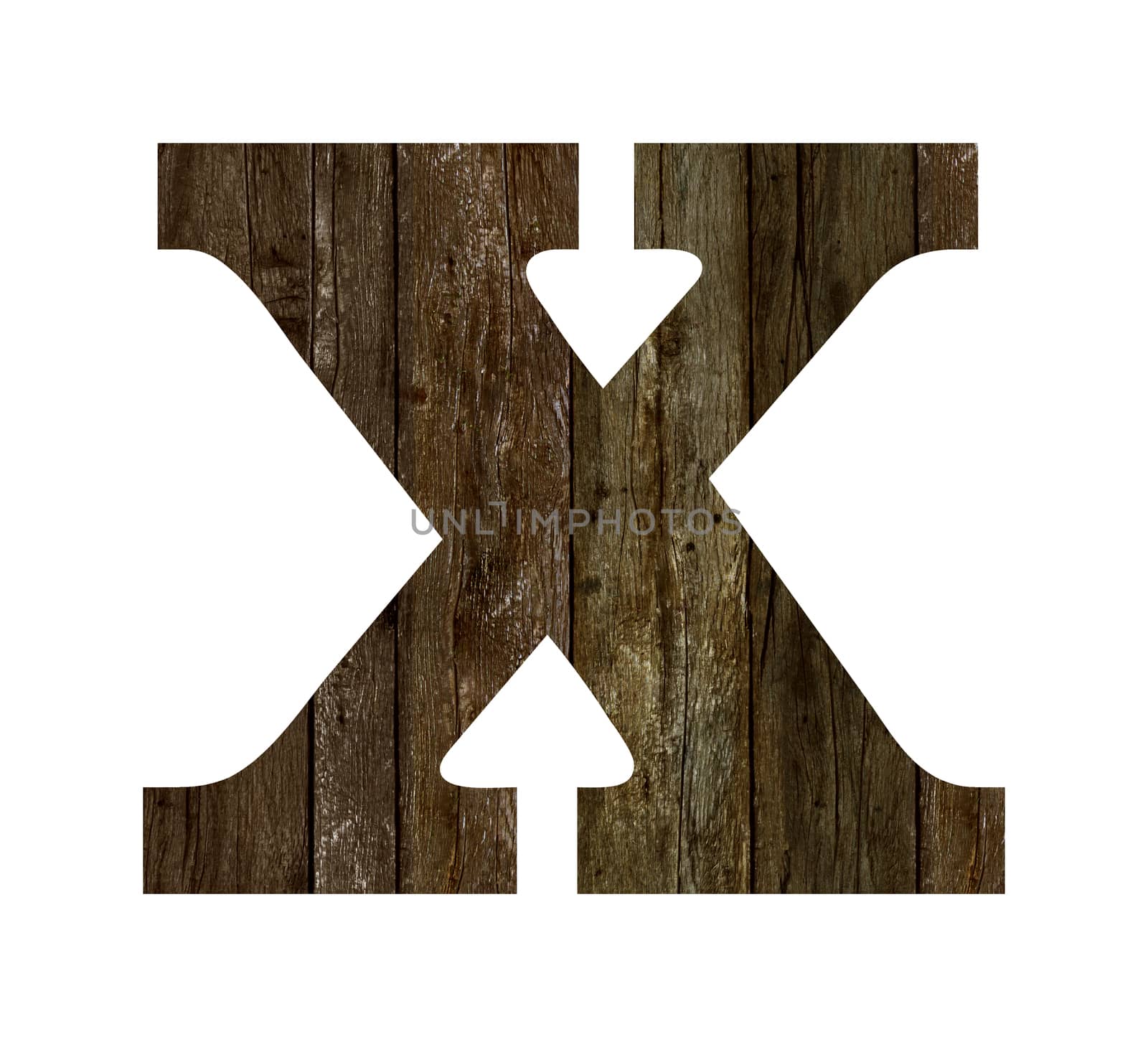 Old wooden planks alphabet, text X. Isolated on white background. With clipping path