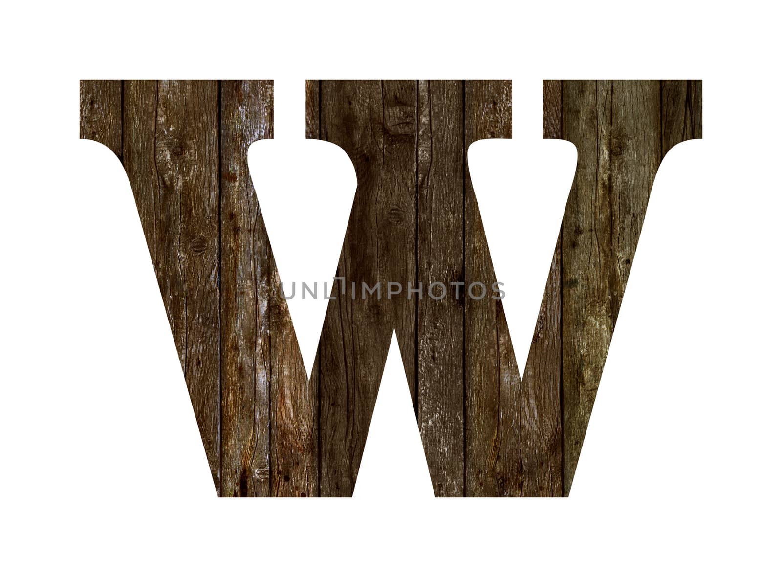 Old wooden planks alphabet, text W. Isolated on white background. With clipping path
