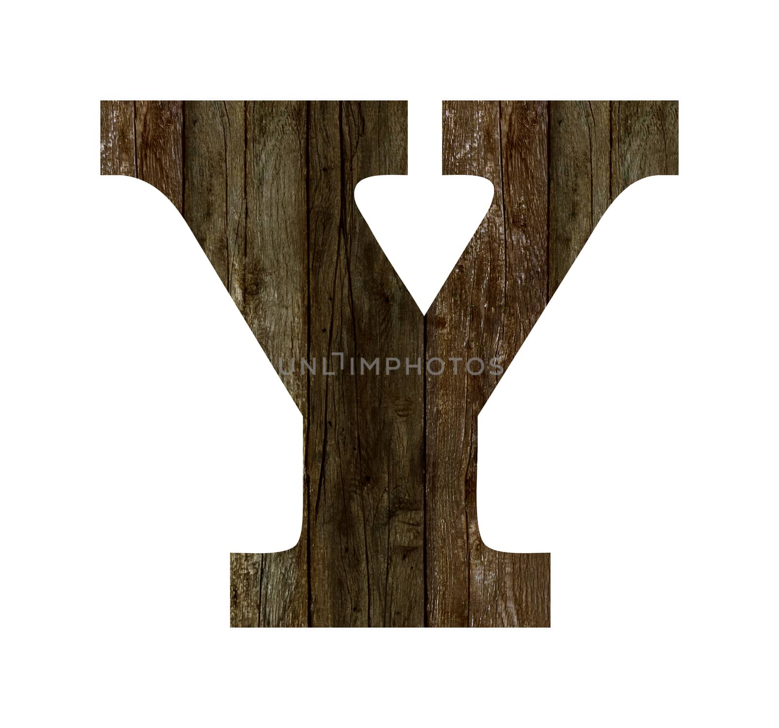 Old wooden planks alphabet, text Y. Isolated on white background. With clipping path