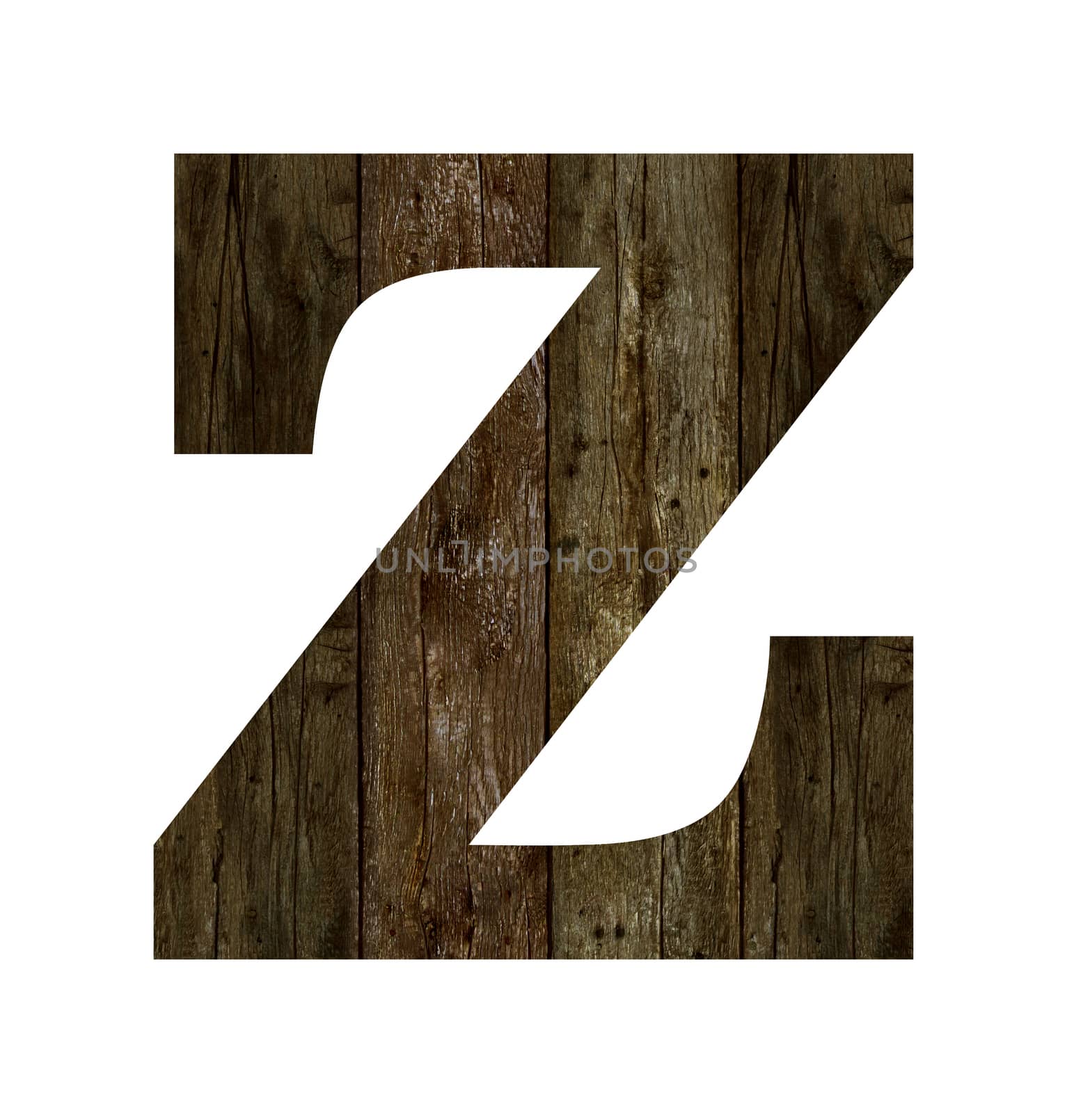 Old wooden planks alphabet, text Z. Isolated on white background. With clipping path