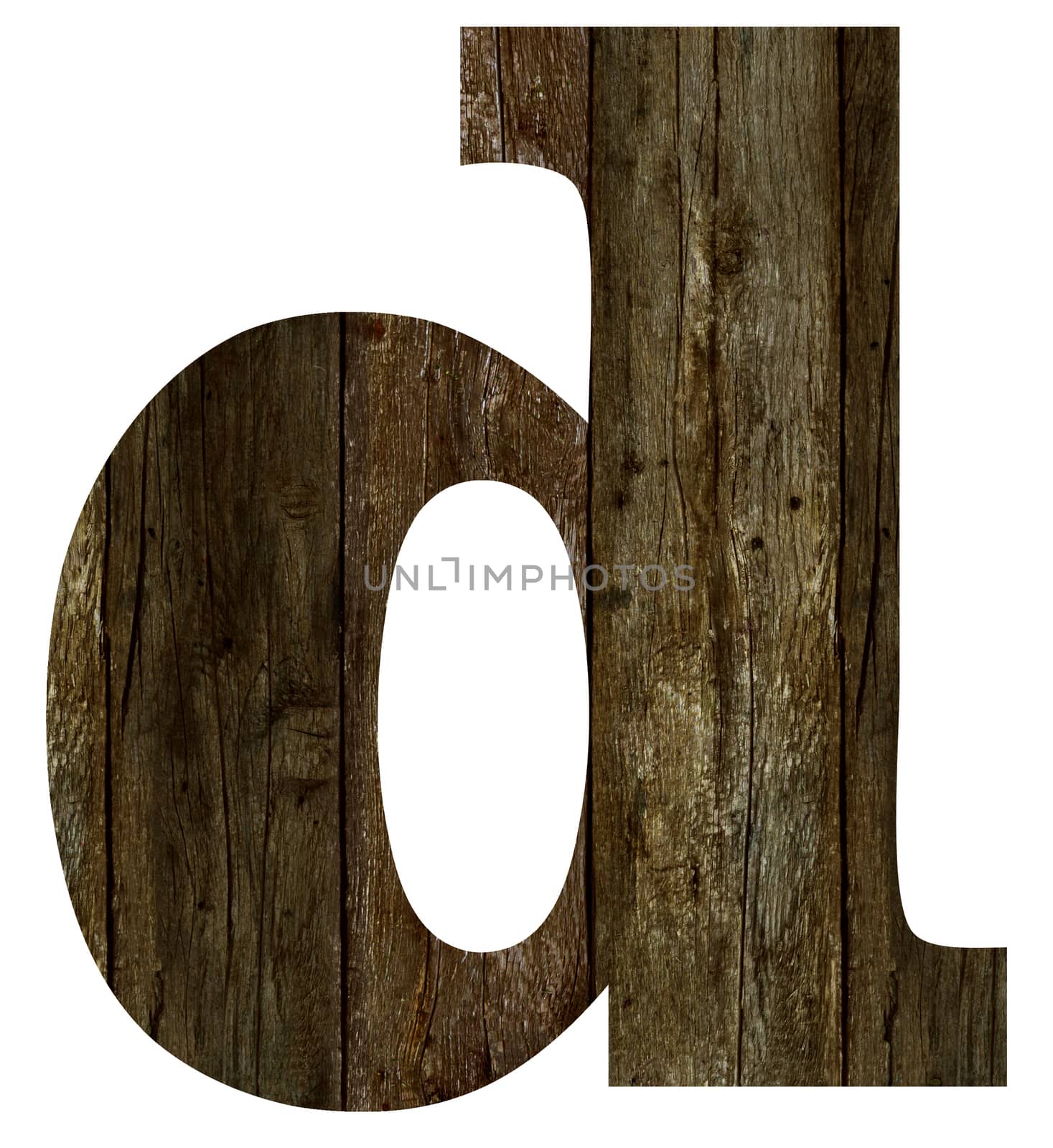 Old wooden planks alphabet, text d. Isolated on white background. With clipping path