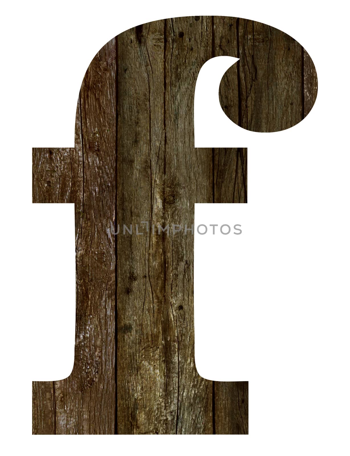 Old wooden planks alphabet, text f. Isolated on white background. With clipping path